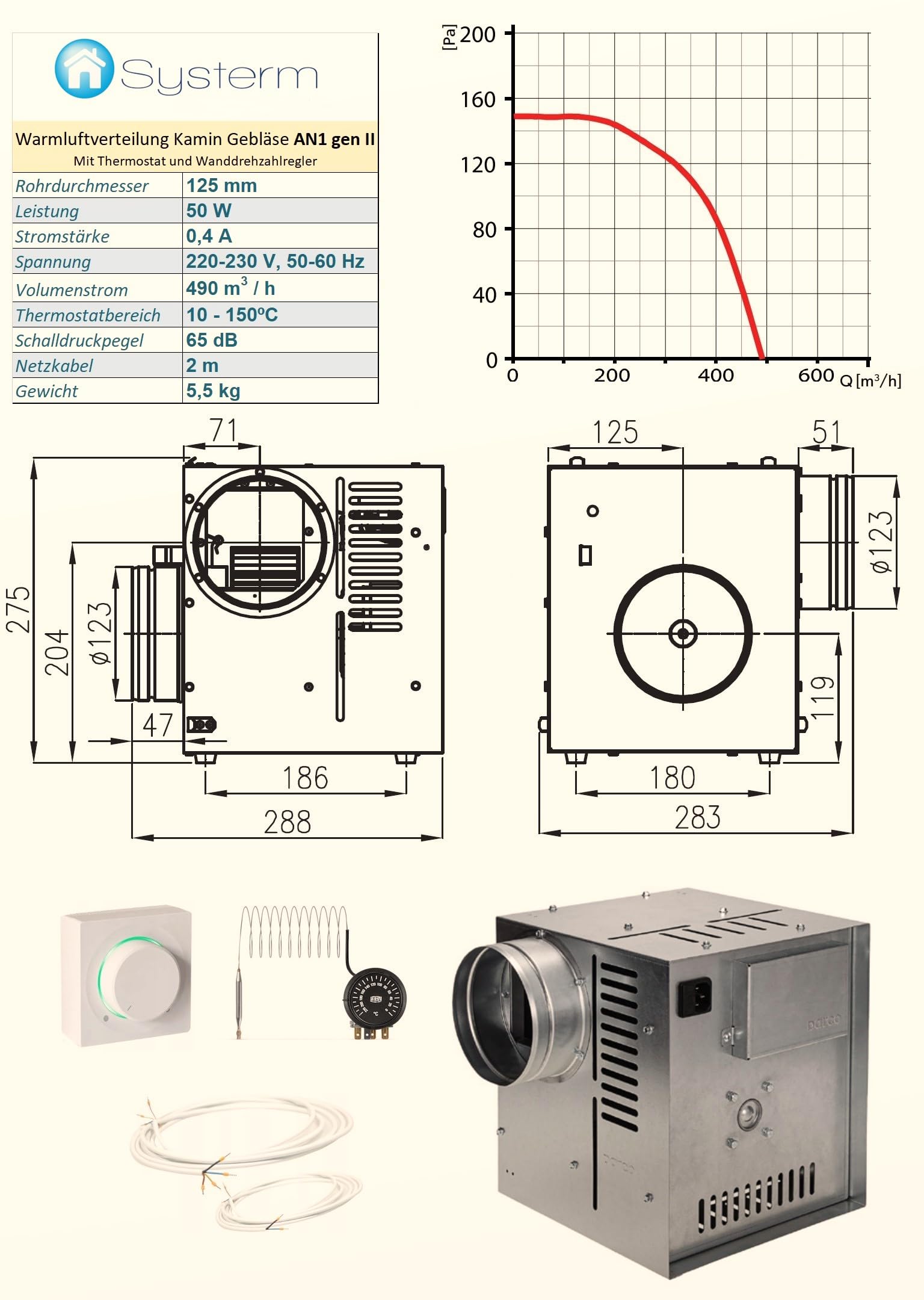 SYSTERM Distribución de Aire Caliente para Chimenea, Ventilador de Turbina AN1 Gen II, 125 mm, 490 m3/h, Con Termostato y Regulador