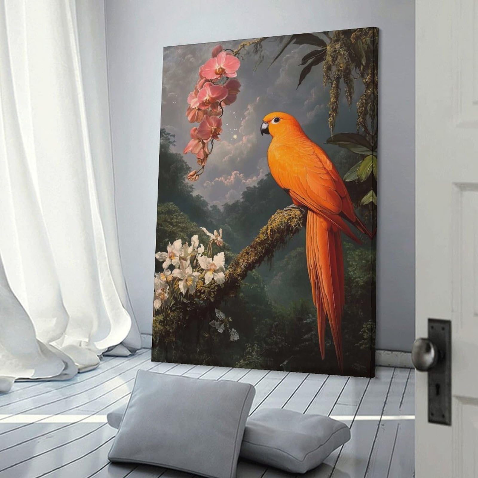 Junmoney Frame-Style-21 Canvas Art Print Orange Parrot In Jungle, 12X18inch(30X45cm), For Office, Study Or Home Workspace, Wall Art That Adds Style To Work Areas