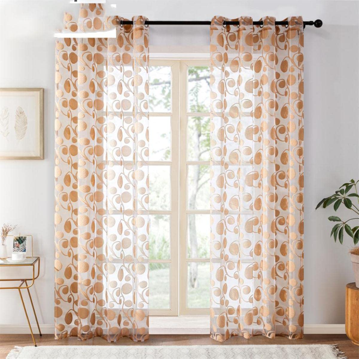 Cercle Géométrique Panneau De Rideau Transparent pour Le Salon La Chambre À Coucher Cuisine Moderne Tulle Stores Fenêtre Traitement Drapé-Jaune Clair,W300cmxH250cm,Grommet