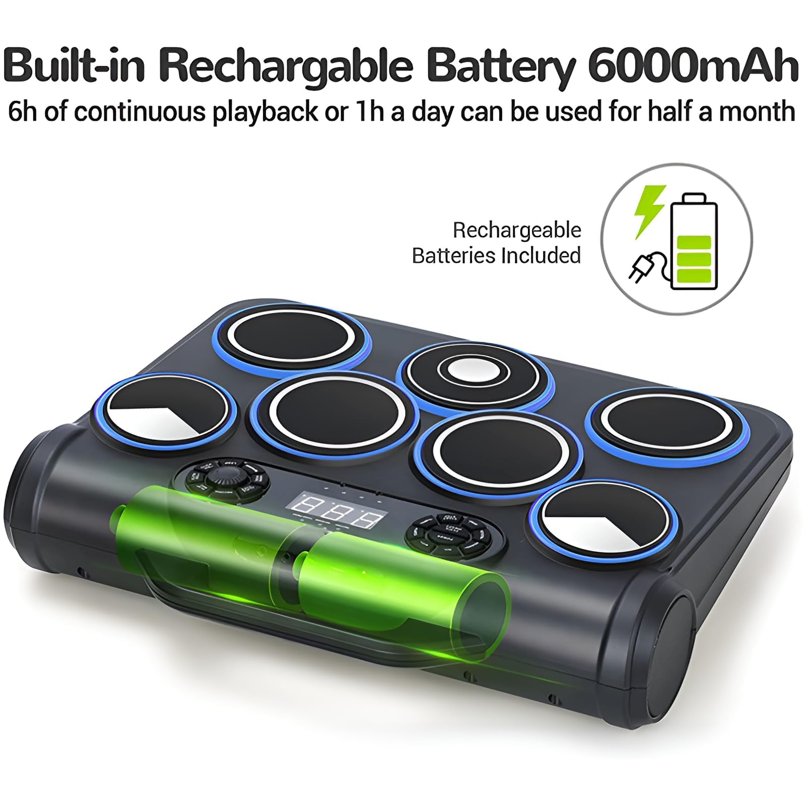 Kit di batteria elettronica portatile, set di batteria digitale avvolgibile con 7 pad con pedali, altoparlanti integrati, display a LED, supporto BT/PC/MIDI per principianti e pratica
