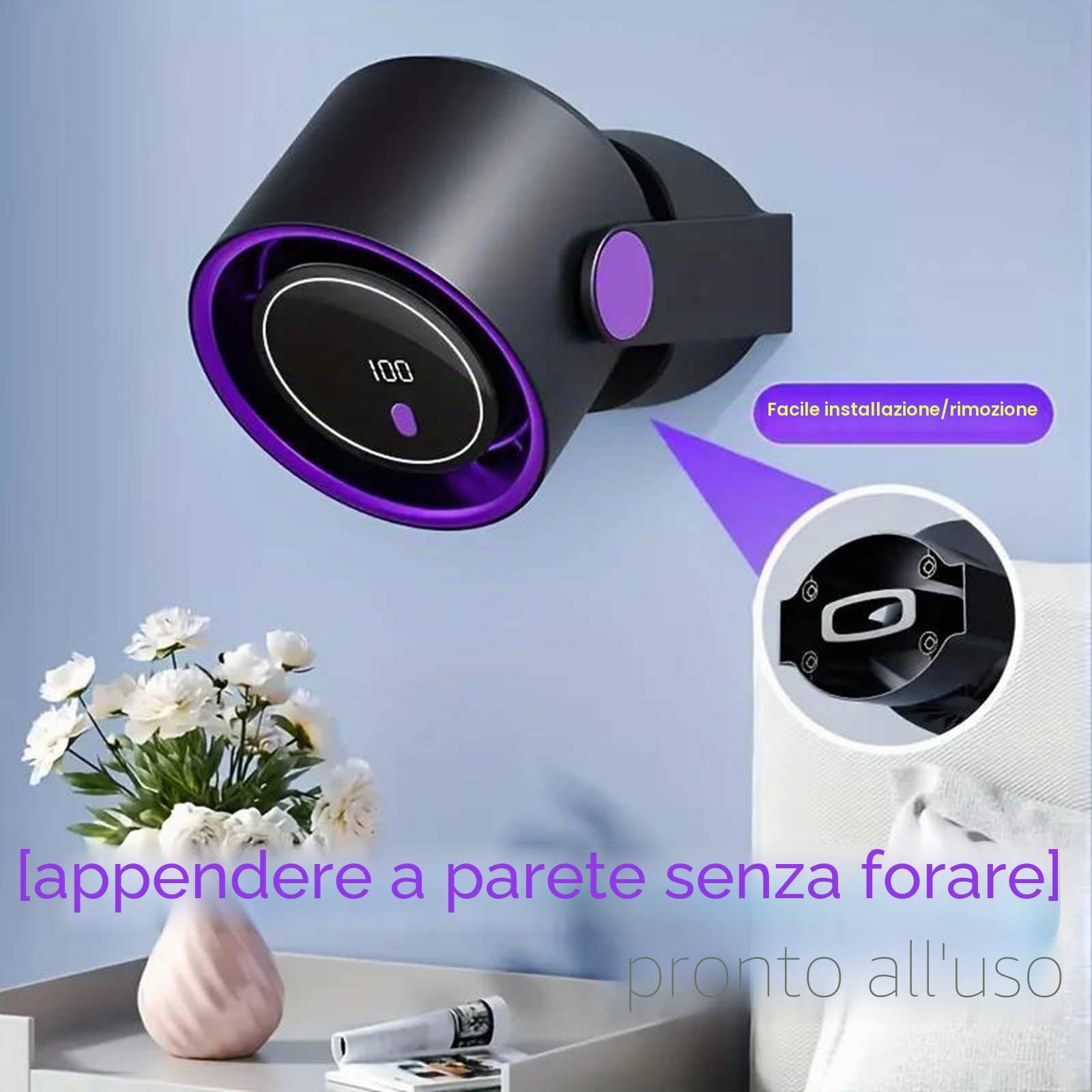 Ventilatore senza Pale, Silenzioso e da Parete con Display Digitale LED e 100 Velocità, Ventola di Circolazione Raffrescante, Ricaricabile, Ideale per Casa, Ufficio, Camera da Letto, Cucina