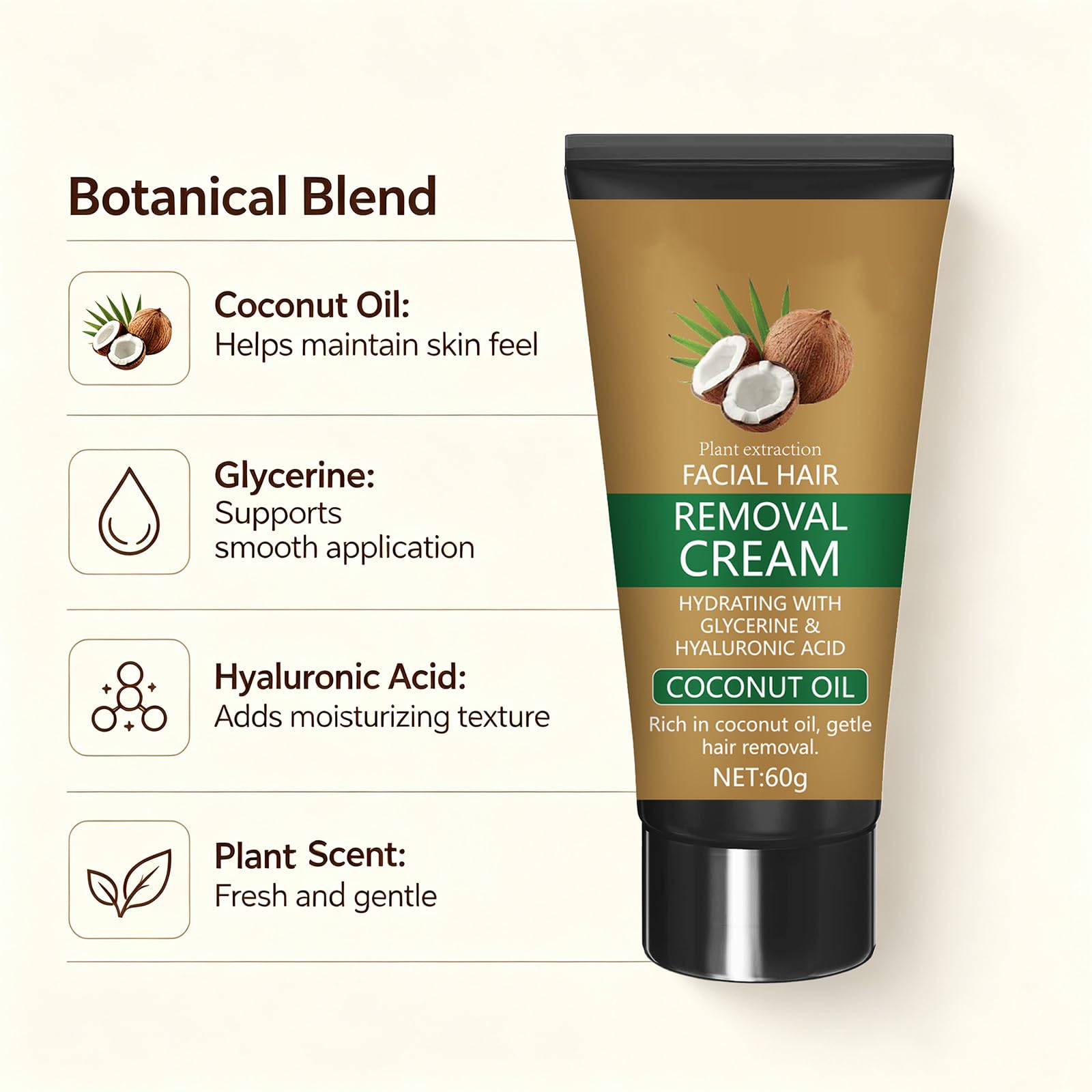 Crema depilatoria per il viso all'olio di cocco, crema depilatoria per il viso, depilatorio non irritante con estratti vegetali, crema lisciante per corpo e viso, ideale per pelli sensibili. (6pcs)