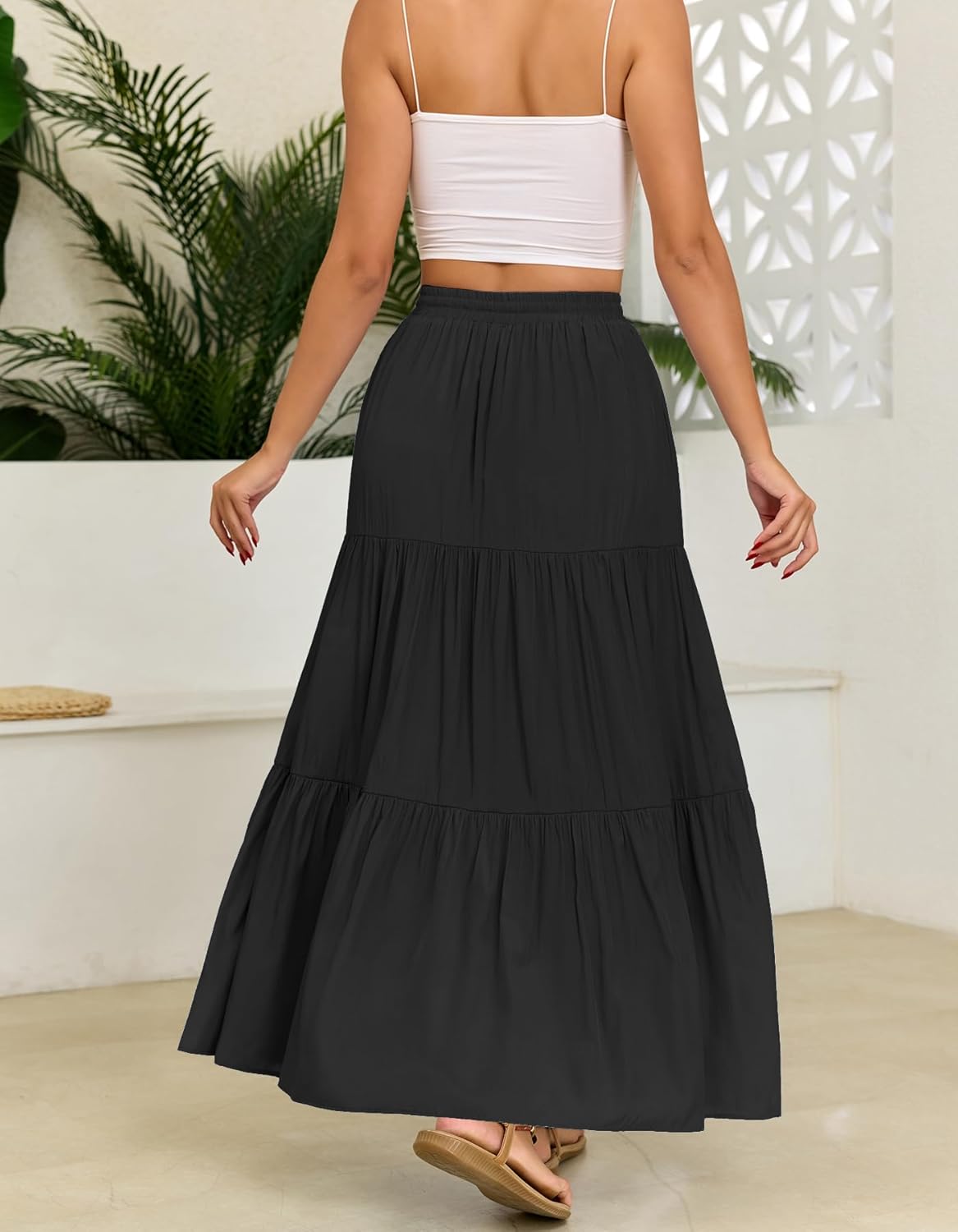 Aigeman Women Boho Maxi Skirt Elastic Waisted Drawstring Summer Long Skirt with Pockets Flowy Pleated Beach Vacation Outfit