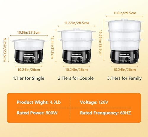 Miniatura 8 de Vaporizador eléctrico de alimentos de 13.7 cuartos de galón para cocinar, vaporizador de verduras con 3 niveles sin BPA, vaporizador digital con