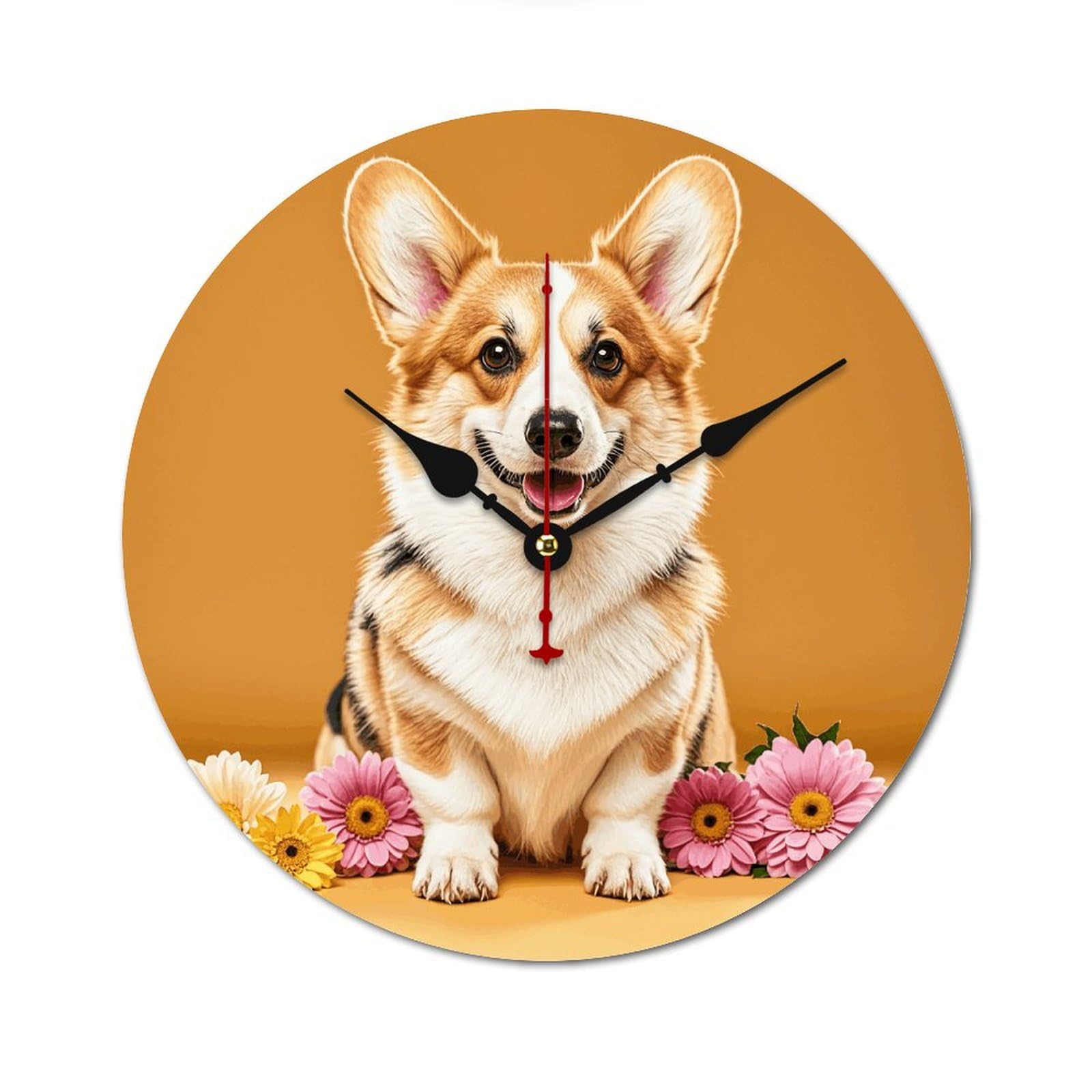 Horloge murale bois Corgi floral 60 cm pour embellir votre bureau