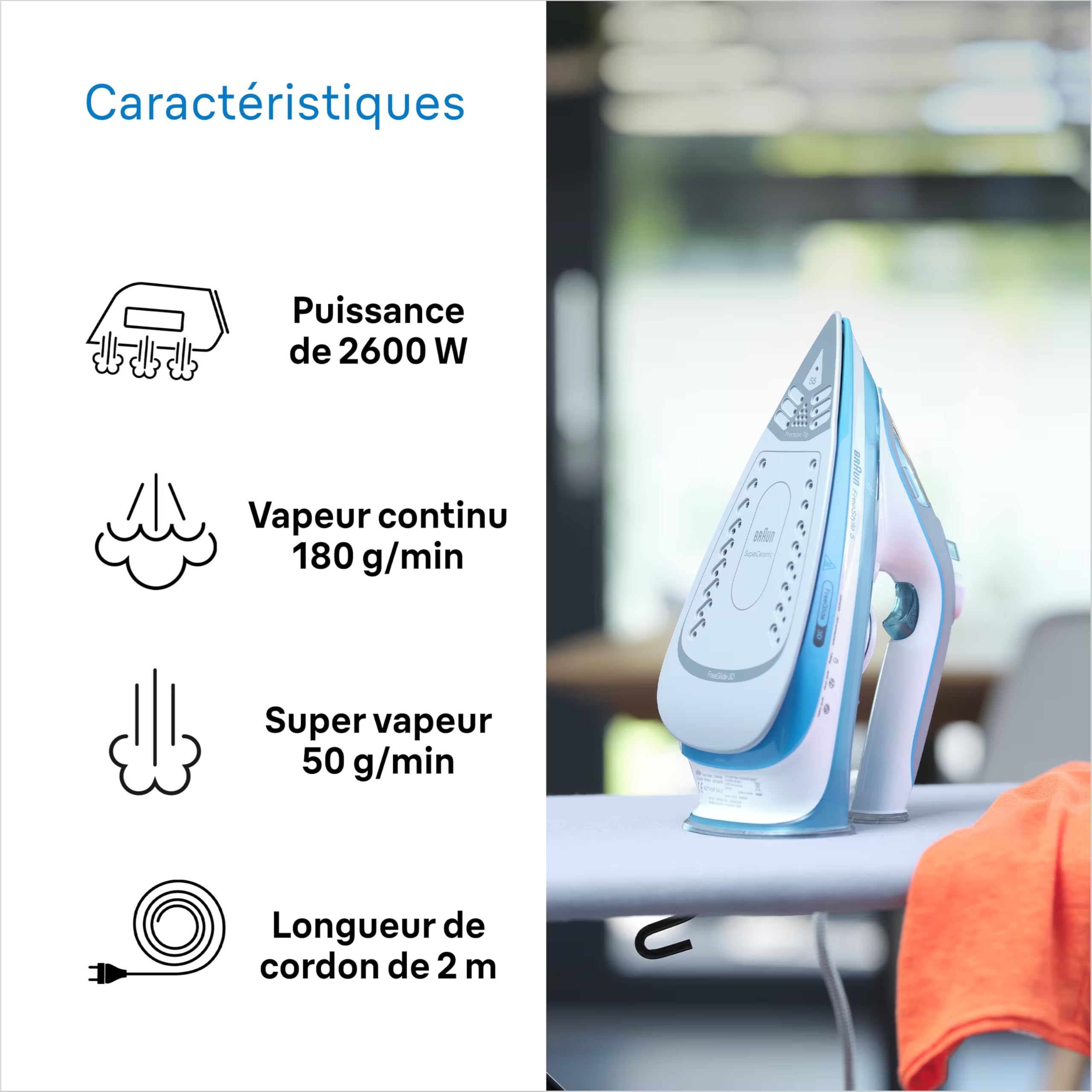 Braun Household Braun TexStyle 5 SI 5006 BL Steam Iron with FreeGlide 3D Ironing Sole, Vertical Steam, 2600 Watt, Steam Jet 180 g/min, 300 ml Water Tank, Azur