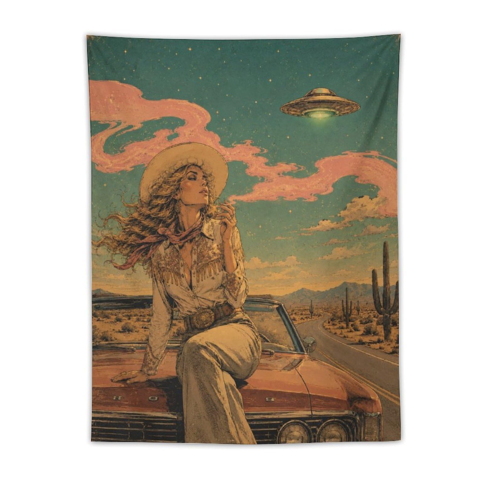 H3B8U2Y5 UFO Cowgirl Desert Road Wall Tapestry, Surrealist Style, Entryway