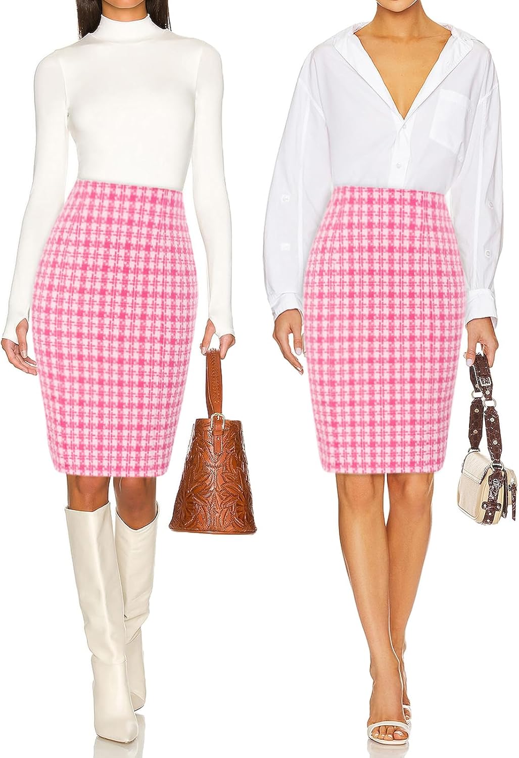 Kate Kasin Womens Knee Length Elastic Waist Stretchy Bodycon Business Tweed Pencil Skirt