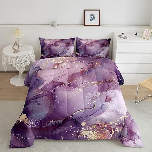 Miniatura 2 de Manfei Juego de edredón de mármol morado, tamaño King, juego de ropa de cama de mármol acuarela de 3 piezas para decoración de habitación de niños y