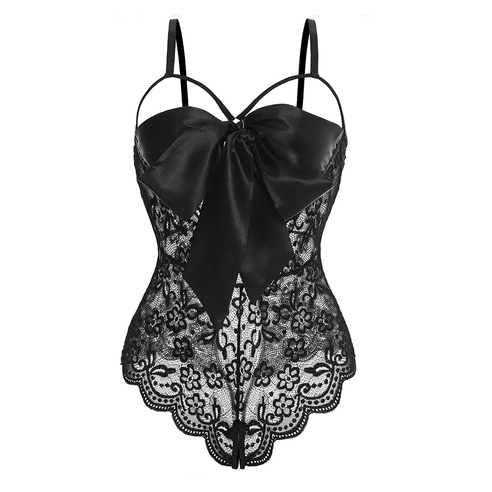 BOHHOWomen's Self Knot Front Teddy Lingerie One Piece Crotchless Floral Lace Bodysuit Babydoll