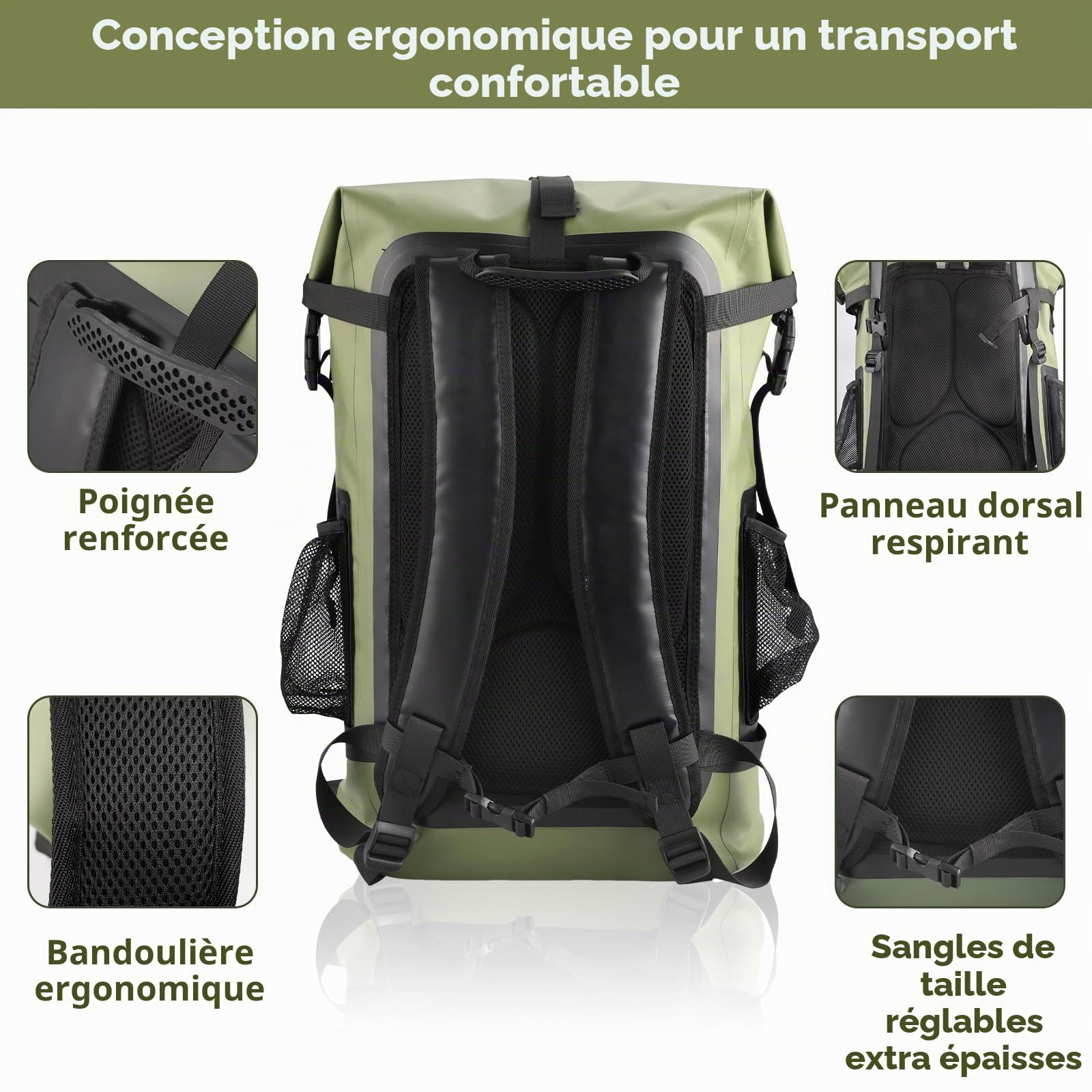 XREE Sac étanche vert militaire avec fermeture par enroulement pour les activités de plein air telles que les voyages, la randonnée, le kayak, le camping et les sports nautiques, vert, 40L, Sac