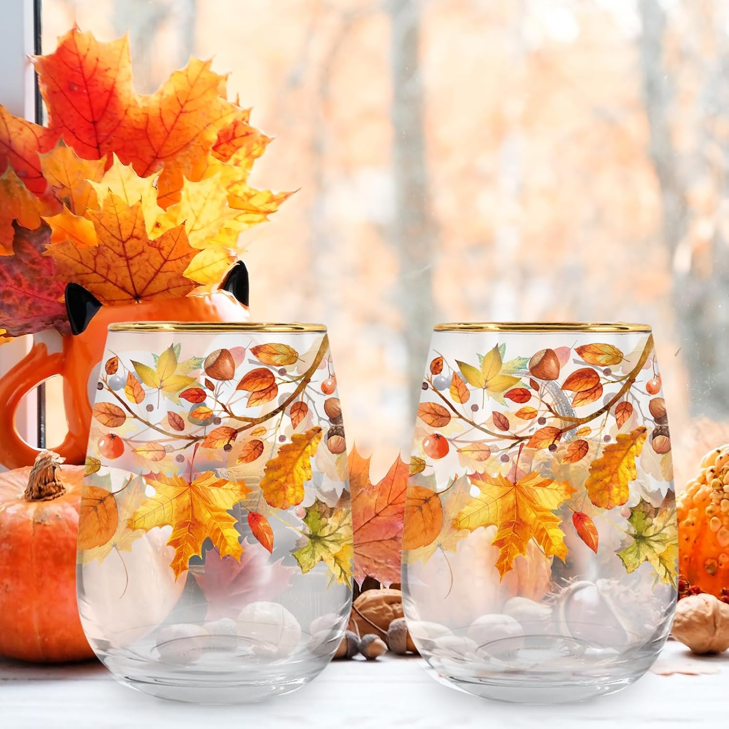 Whaline 2 Pcs Fall Stemless Wine Glasses 17 Oz Maple Leaf Drinking Glasses with Gold Rim Autumn Leaves Tumbler Cups for Party Supplies Gifts