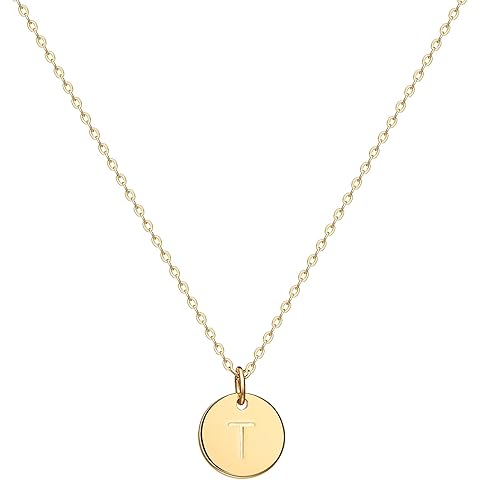 Valloey Rover Initial Necklaces for Women 14K Gold Plated Dainty Letter Necklce Round Coin Disc Pendant Double Side Engraved A-Z Necklace Personalized Jewelry Gift for Women