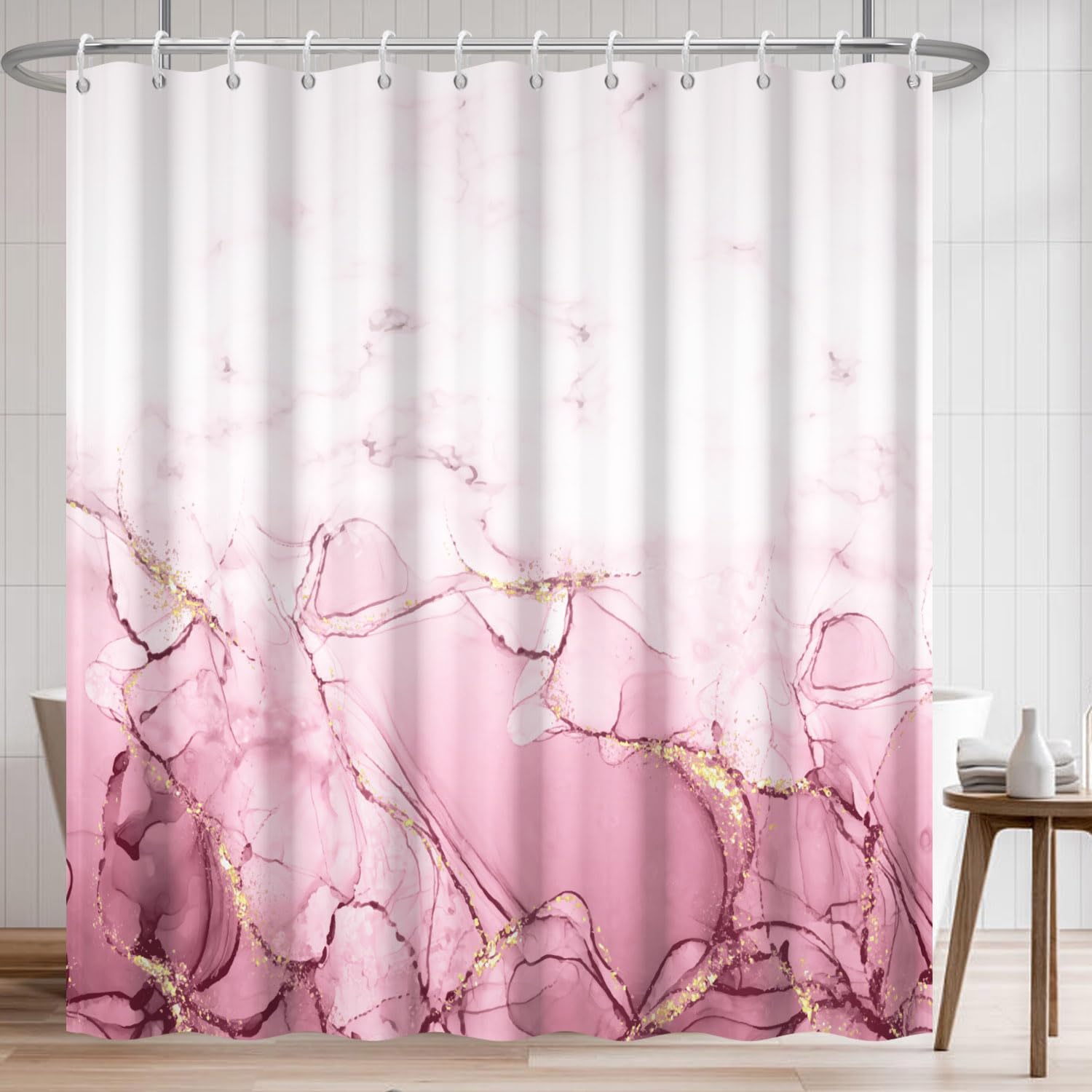 Rideau de douche marbre rose imperméable pour éliminer les éclaboussures sur le sol