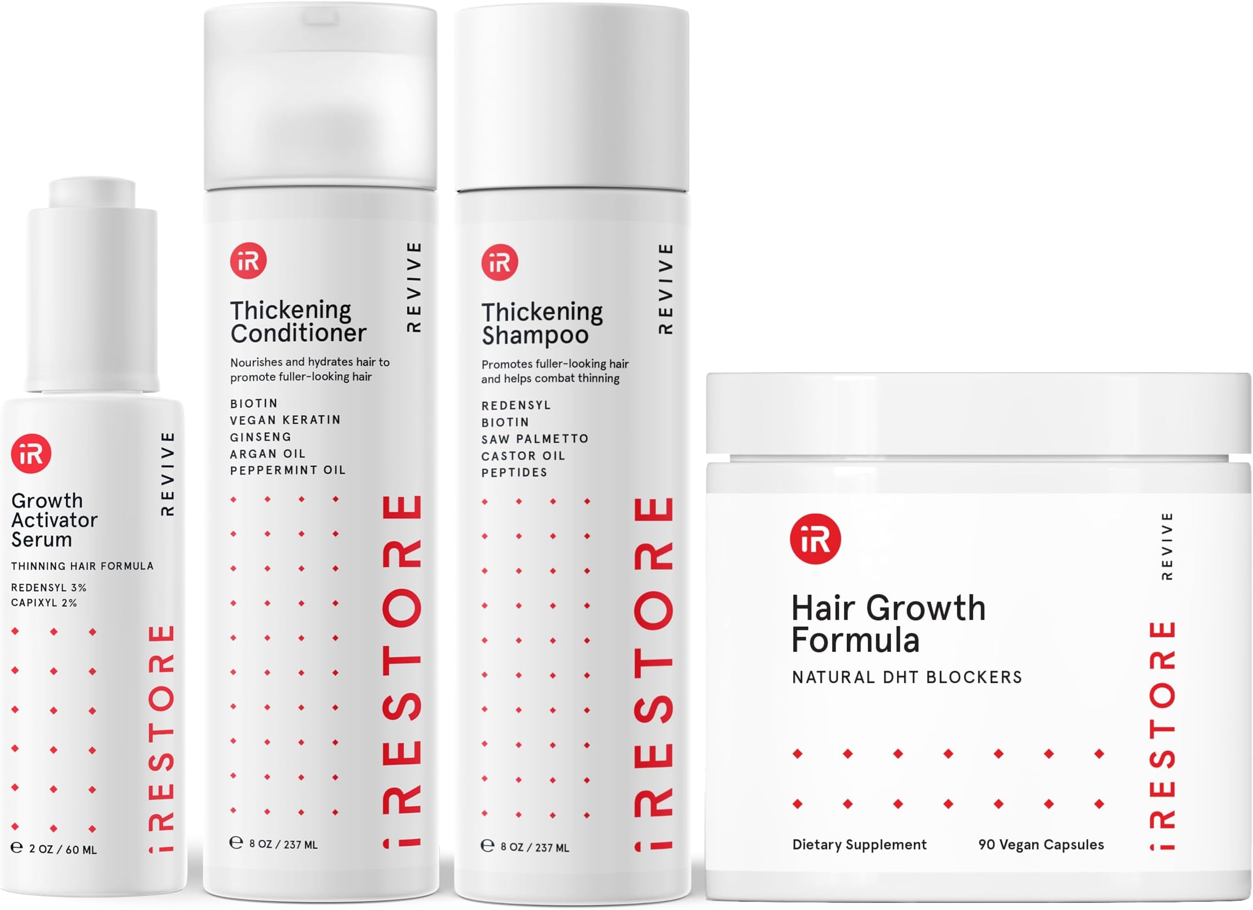 Max Growth Bundle includes our Hair Growth Formula Supplement, Growth Activator Serum, Thickening Shampoo, and Conditioner to Combat Thinning and Promote Growth