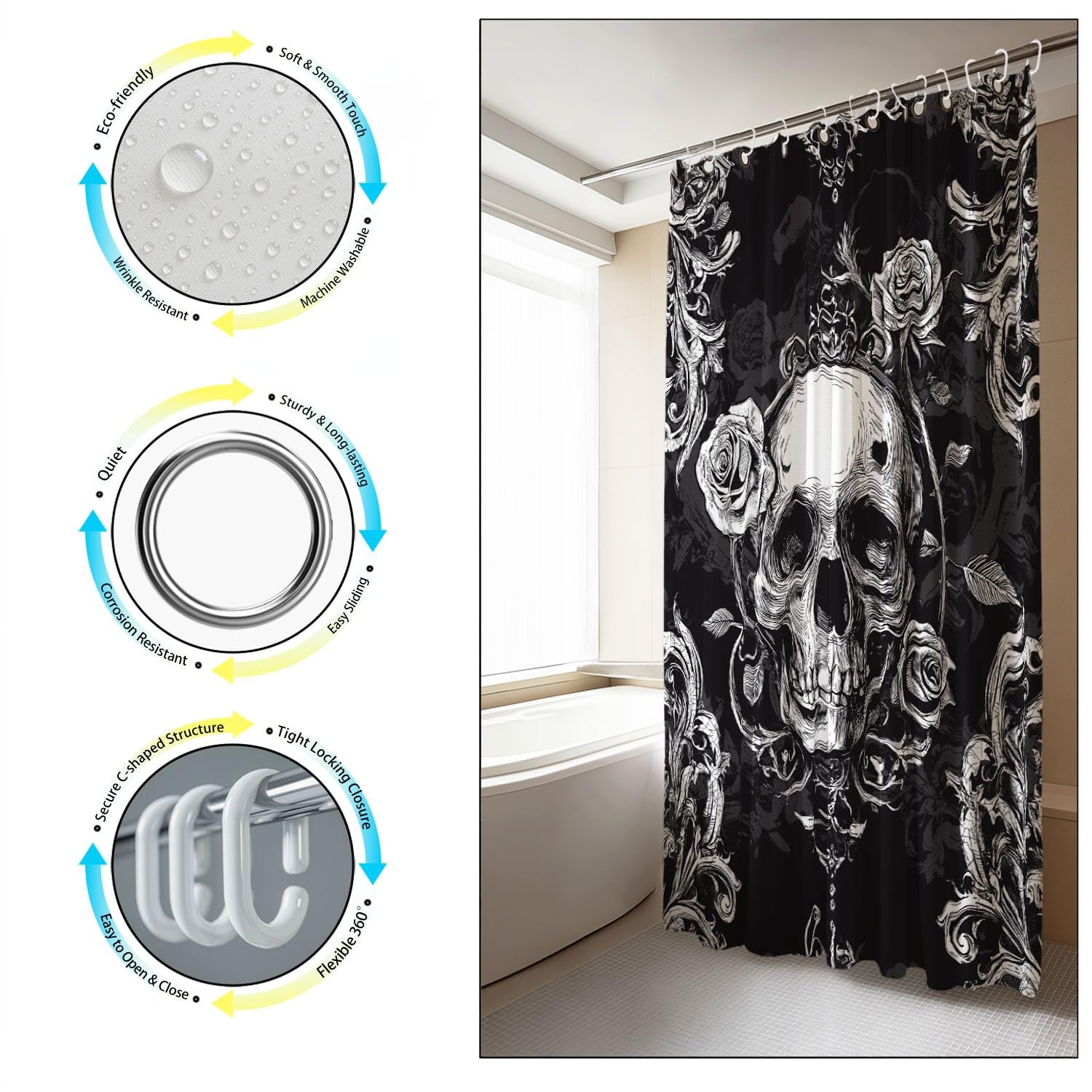 Generisch Cortina de ducha gótica oscura con diseño de calavera, 180 x 200 cm, resistente al agua, resistente al moho, tela de microfibra con ganchos, color blanco y negro