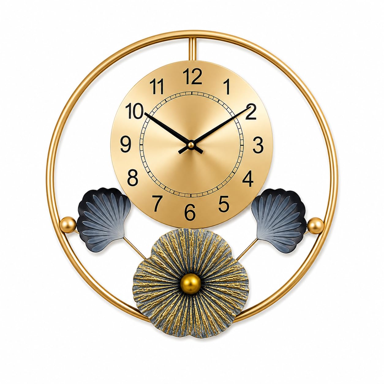 Modern Metal Wall Clock for Living Room Large Decorative Round Silent Analog Wall Clock with Golden Frame and Floral Leaf Design for Home Office Bedroom Hall Hotel Dining Room Luxury Wall Decor-image-5