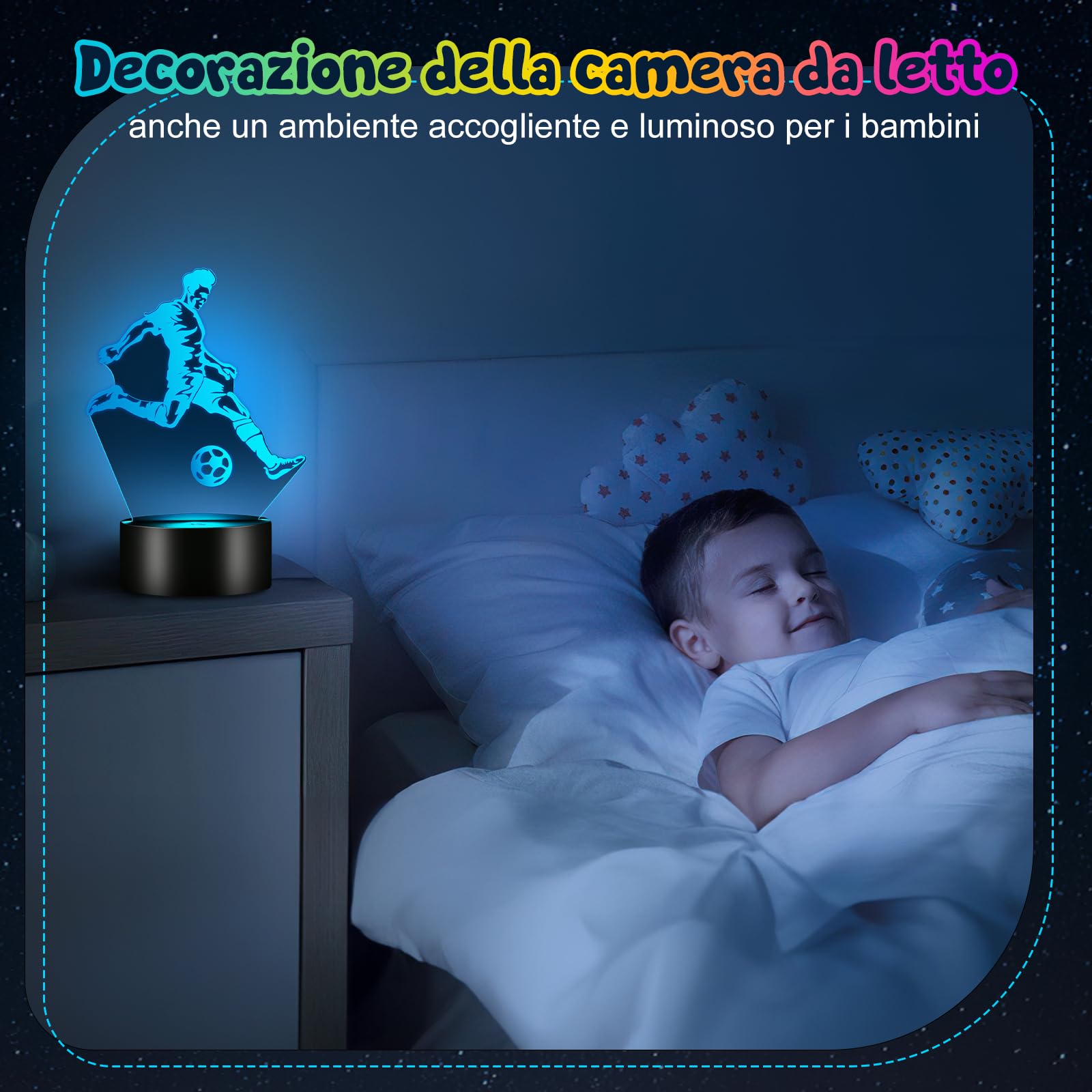 Lampada a illusione ottica a tema calcio per bambini e ragazzi, 16 colori modulabili, luce notturna 3D, decorazione per la cameretta dei bambini, regalo di compleanno per gli appassionati di calcio