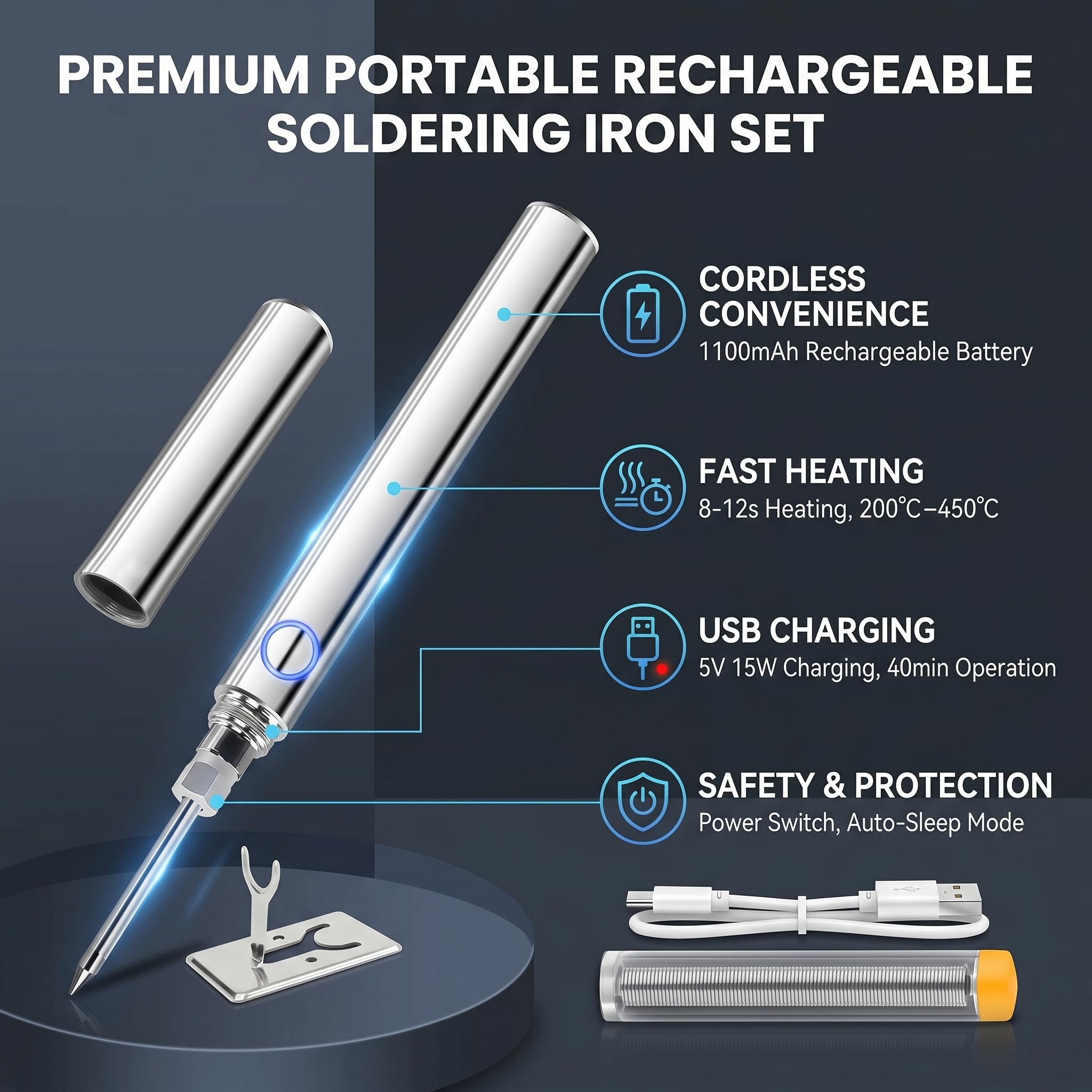 Fer à Souder Sans Fil électrique,15w Kit de Fer A Souder Usb Rechargeable Soldering Iron Avec Température Réglable de 200℃-450℃,Chargement Possible Pendant l'utilisation, Interface 510