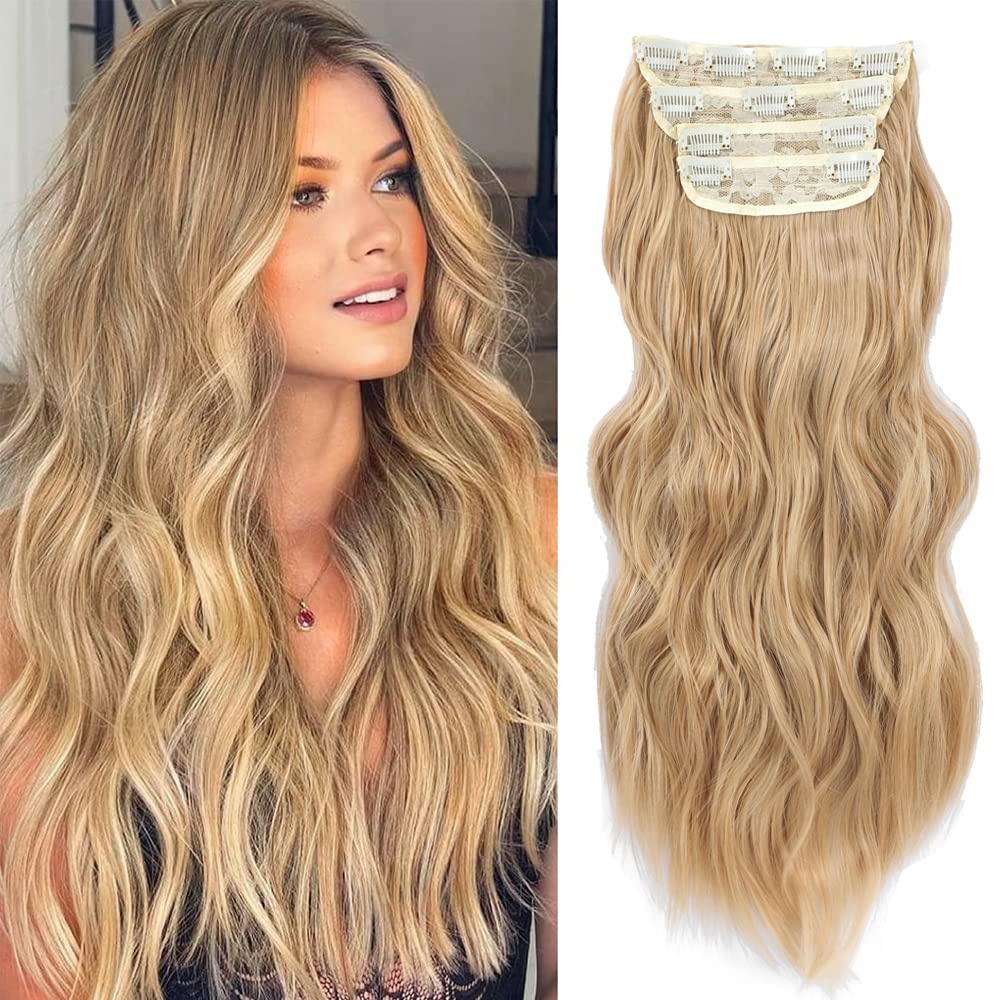 Hair Extensions Clip in 4pcs Beach Blonde Hair Extension Long Wavy Full Head Clip in Hair Extension Synthetic Fiber Hair Pieces for Women