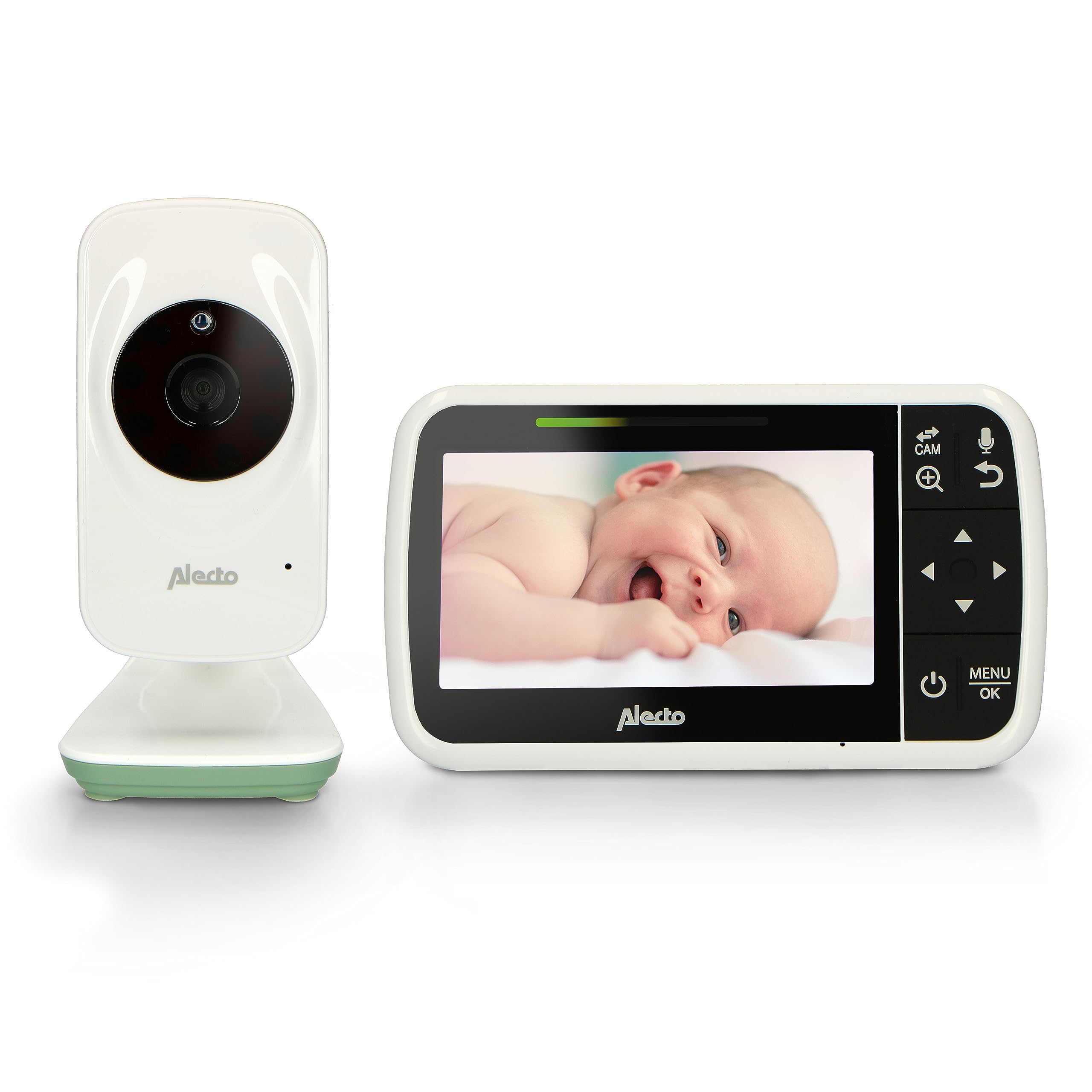 Alecto DVM149GN - Vigilabebés con cámara y Pantalla a Color de 4,3" - Vigilabebés con cámara de vídeo orientable, visión Nocturna, intercomunicación, Alcance de Altura - Blanco/Verde