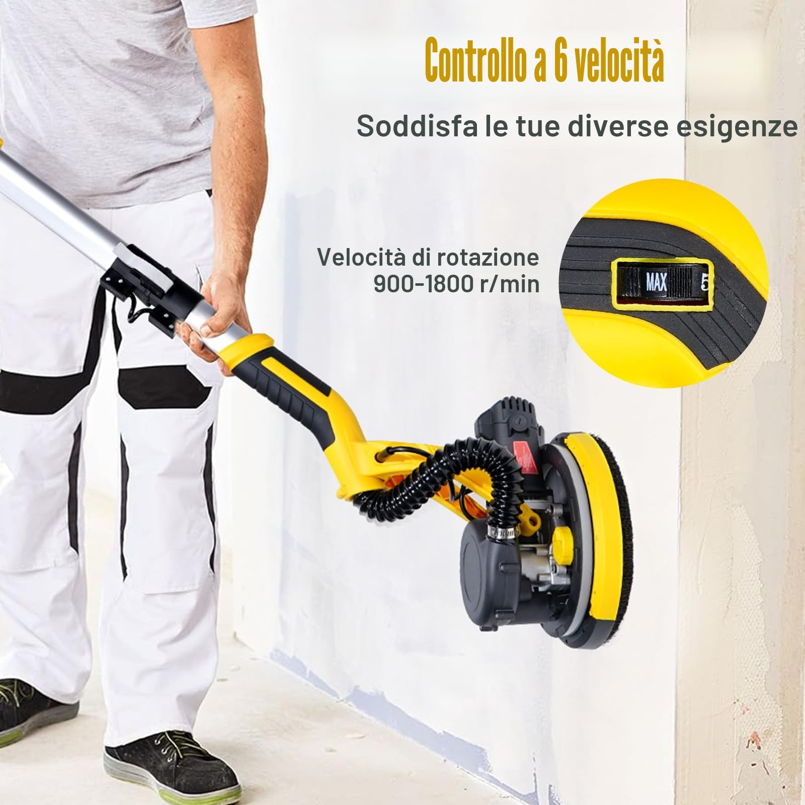 HYCHIKA Levigatrice per Muro, Levigatrice per Muro con Aspiratore, Giraffa per Carteggiare Muri, Smerigliatrice per Muro Cartongesso, Con luce LED, 6 velocità, retrattile e ripiegabile