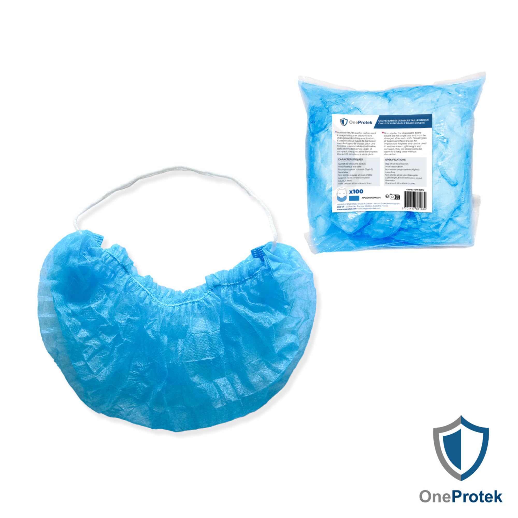 Lot de 100 protections de barbe jetables - Cache Barbe OneProtek Bleu - Usage Alimentaire, Restauration et Médical, Protection respirante, Hygiénique et élastique à la tête Confortable, Taille unique
