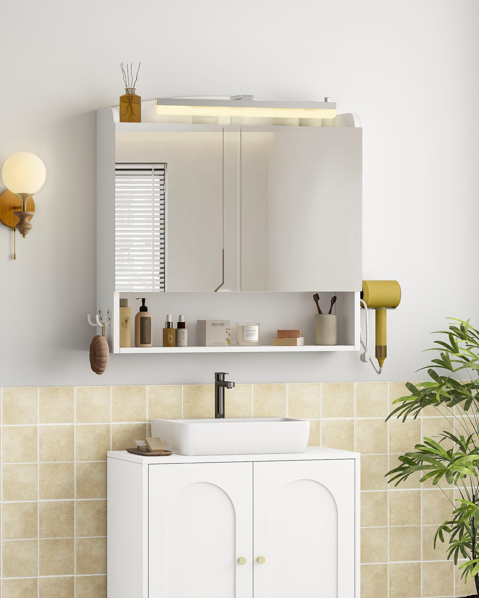 Hzuaneri Bathroom Cabinet with Mirror, LED Lights, Hair Dryer Shelf, Hooks, White, 16.5 x 70 x 75 cm - Image 9