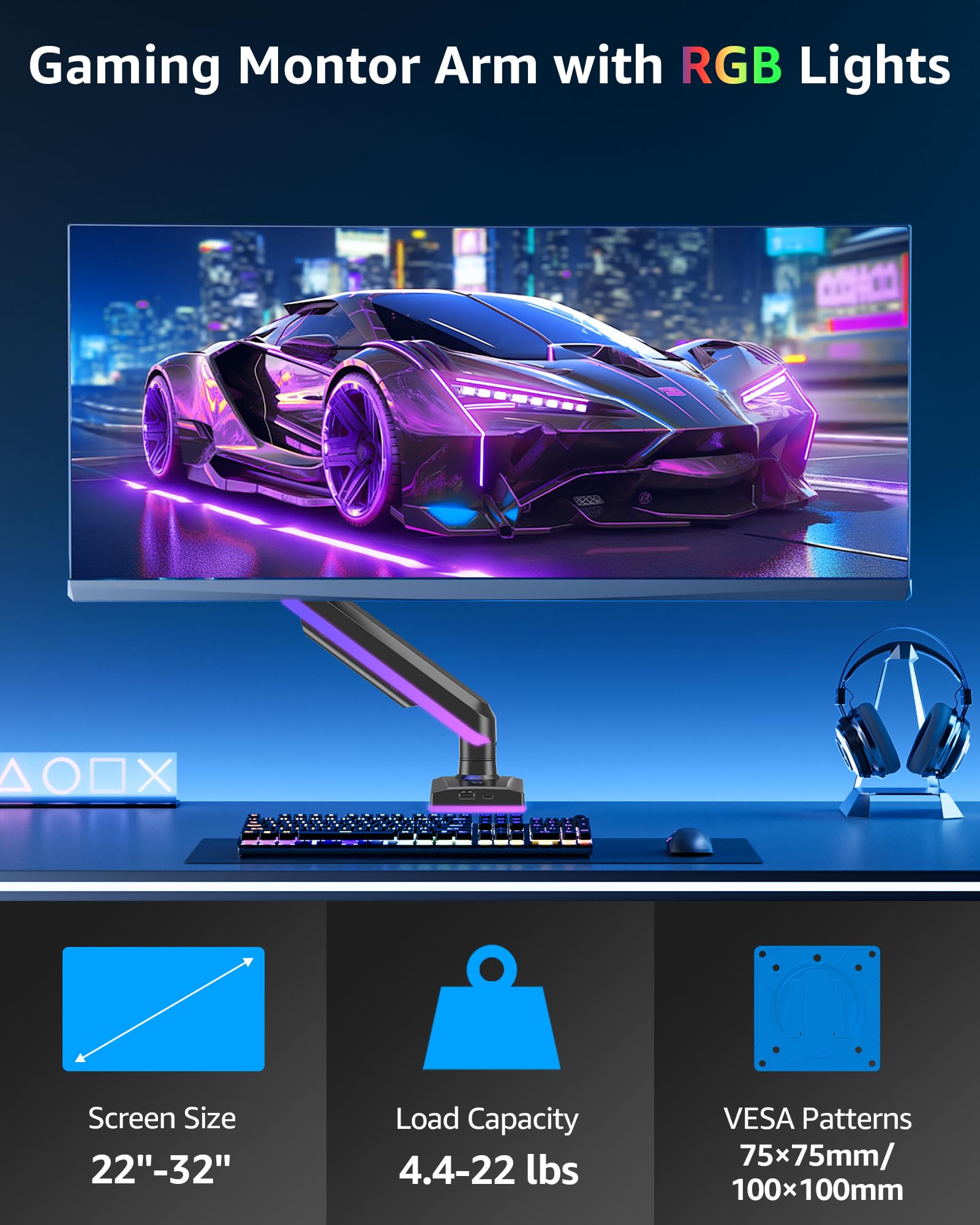 MOUNTUP Braccio singolo per monitor RGB adatto a 32 27 24 22 pollici, supporta schermi da 2 a 10 kg, supporto per monitor per scrivania con luci RGB, 19 modalità, supporto da scrivania per monitor per
