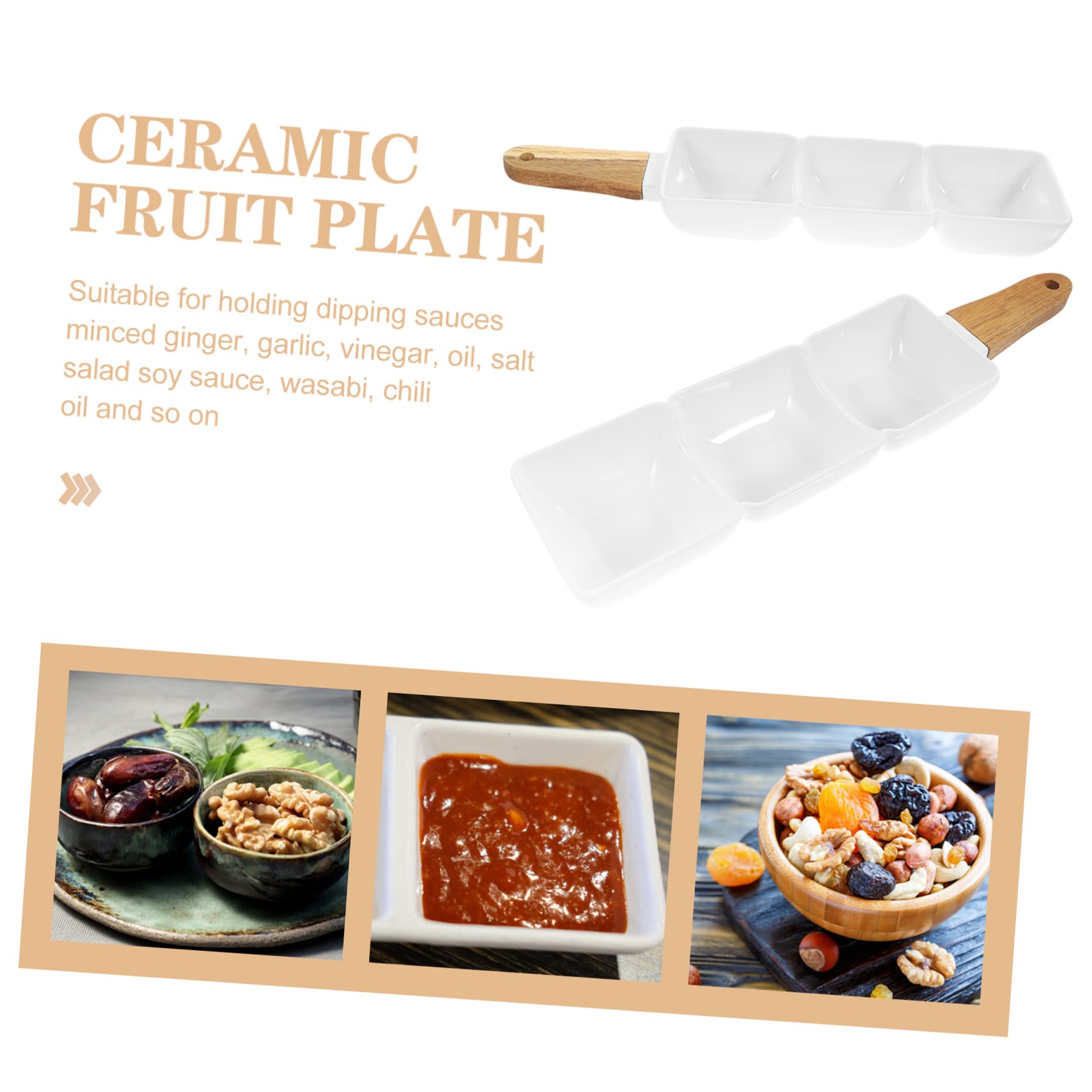 Sosoport 2 piezas Bol de Cerámica con Asa de Madera y Compartimentos para Snacks y Ensaladas para Aperitivos y Decoración de Mesa