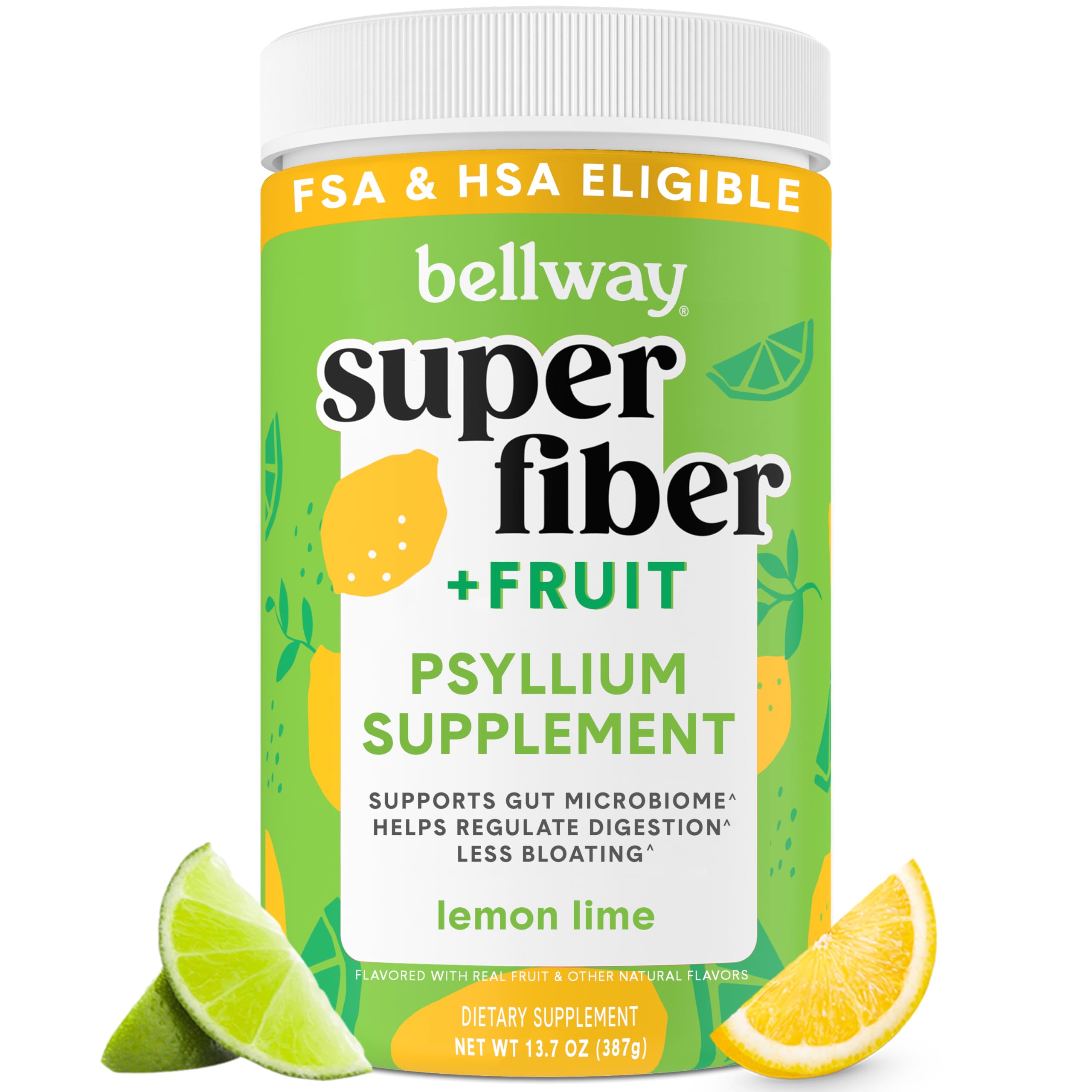 Bellway Super Fiber Powder + Fruit, Sugar Free Organic Psyllium Husk Powder Fiber Supplement for Regularity, Bloating Relief & Gut Health, Non-GMO, Plant-Based, Lemon Lime (13.7 oz)