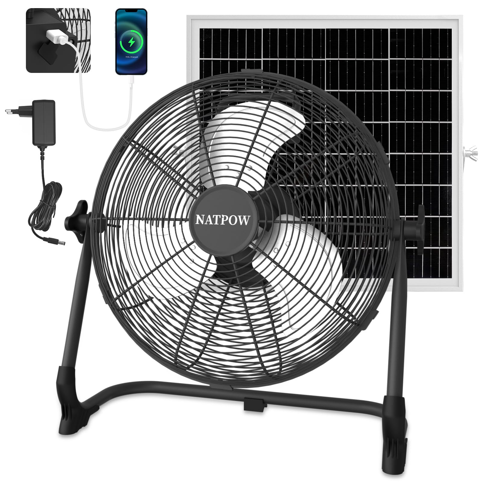 NATPOW Ventilador de Suelo Solar, 30cm Ventilador con Panel Solar, Potente y Silencioso, 13200 mAh, Hasta 27H, Équipé de ports USB, Idéal pour Camping, Plage, Chantiers, Patio, Invernadero, Interior