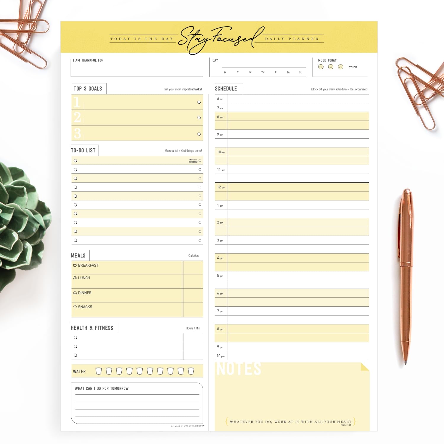 Daily Notepad Planner To Do Schedule - Stay Focused 50 Tear off Premium Made USA (Yellow Mango)