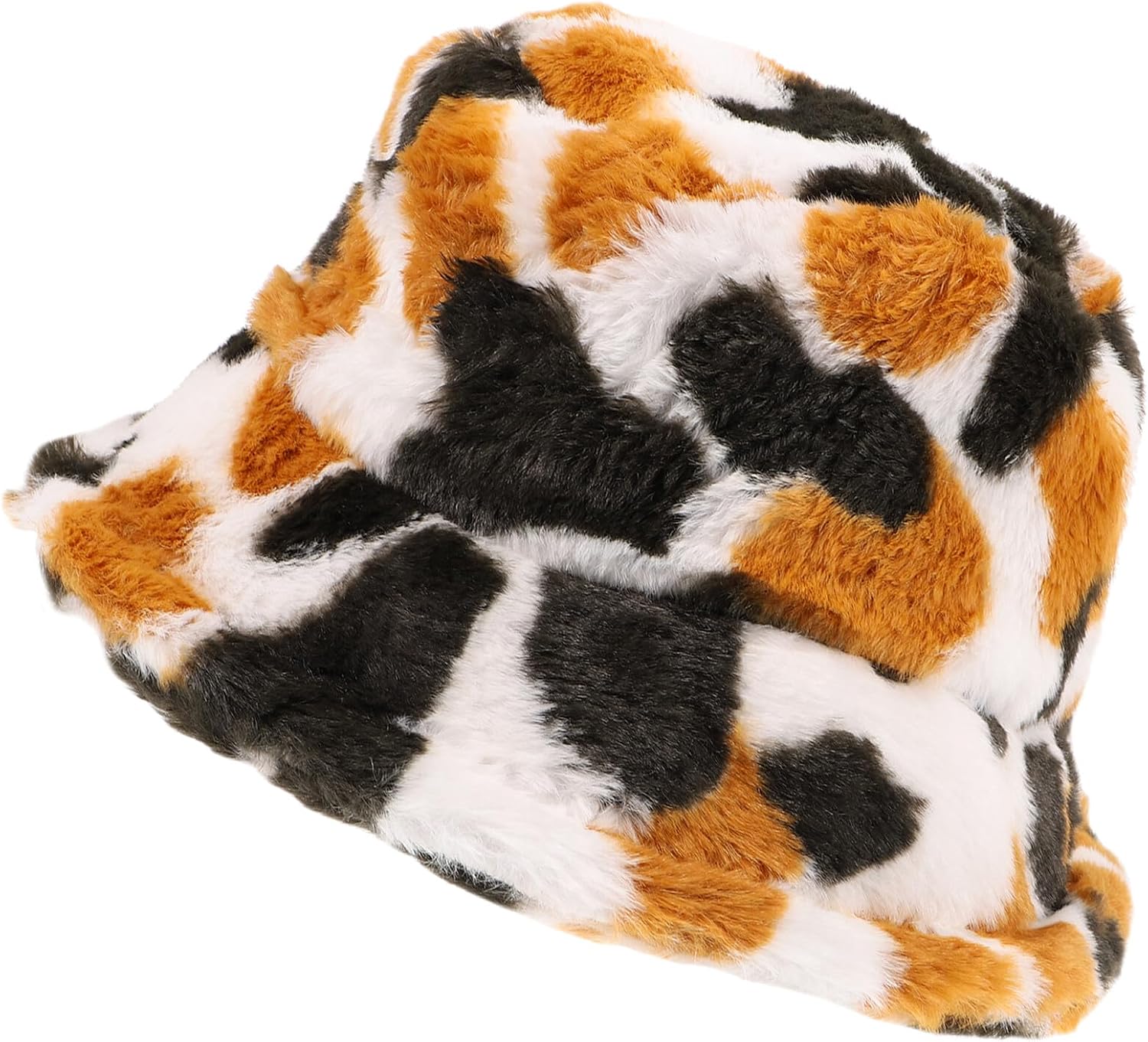 POPETPOP Plush Cow Print Bucket Hat Warm Winter Fisherman Hat for Women Cute Fashionable Soft Thick Cozy Outdoor Accessory Multi