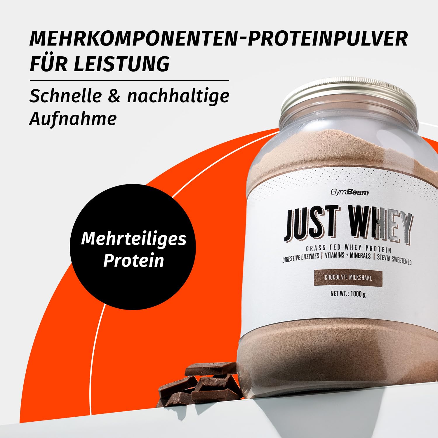 Just Whey Protein Pulver – aus Weide-Kuhmilch, mit DigeZyme® für bessere Verdauung, Mehrkomponenten Eiweißpulver mit essentiellen Aminosäuren & BCAAs – GymBeam (1000 g, Chocolate Milkshake)