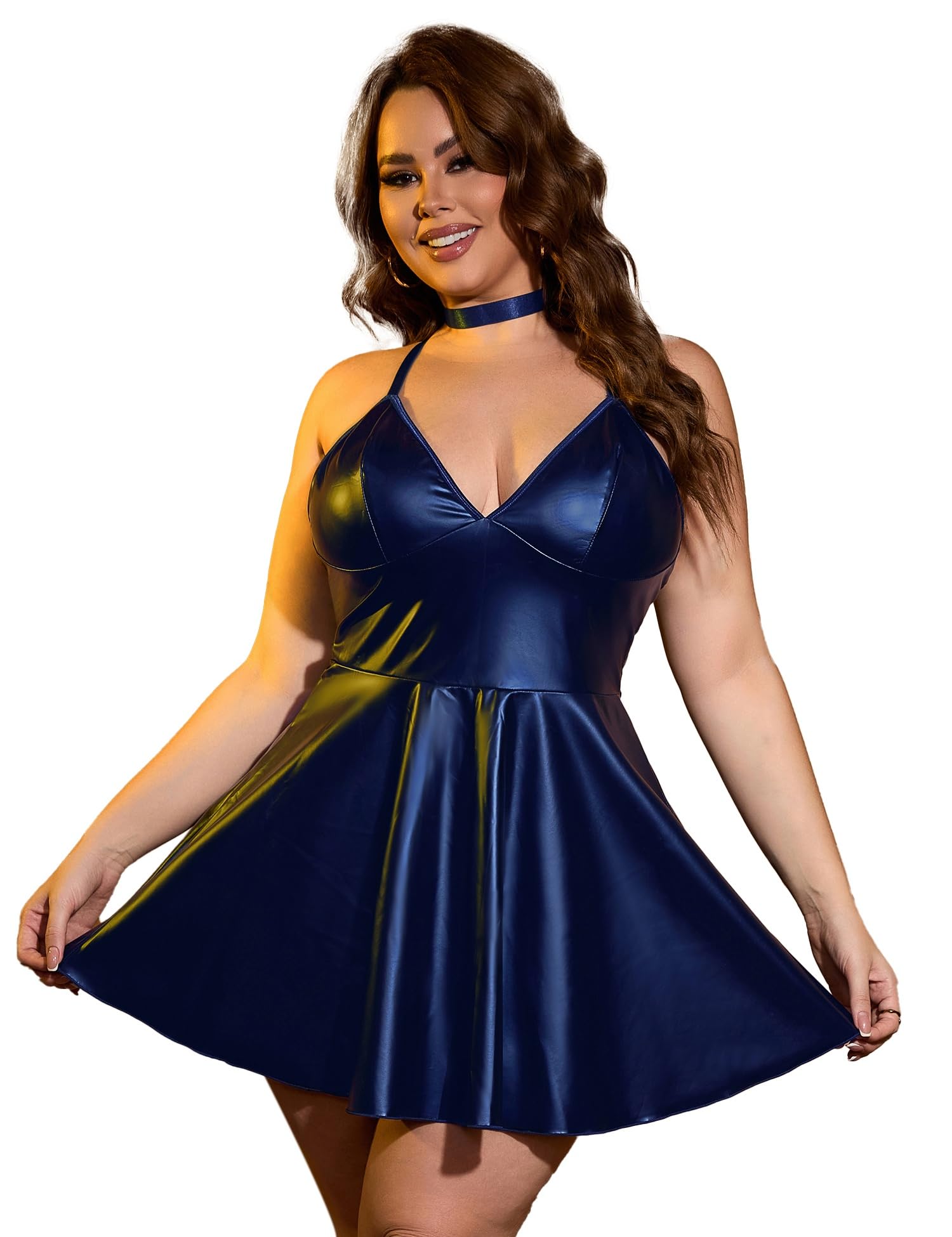 ohyeahlady Women's Black Short Plus Size Wetlook Lingerie Sexy Underwear Curvy Elegant A-line Faux Leather Party Dress V-Neck Mini Dress Clubwear Sexy Lingerie for Chubby