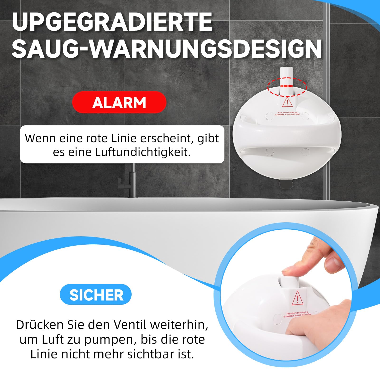 Haltegriff Dusche ohne Bohren 2er Set, Duschgriff mit Saugnapf bis 190 kg, Bad Haltegriff mit Rot/Grün Sicherheitsanzeige, Sauggriff Dusche für Senioren, Badewanne, WC, Weiß