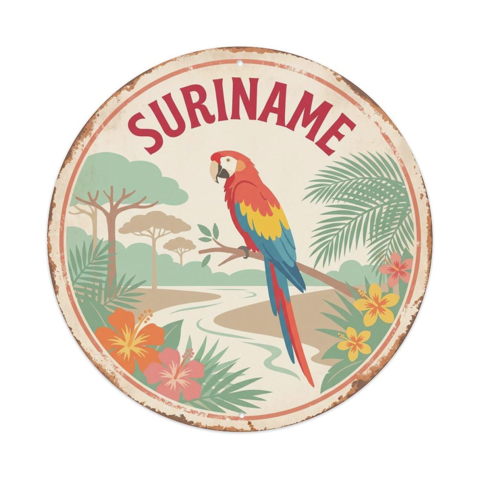 Suriname Scarlet Macaw River Forest Metal Tin Sign