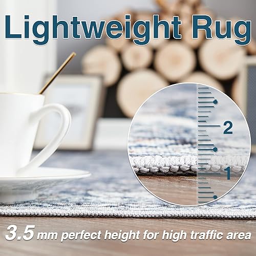 Miniatura 4 de jinchan Alfombra lavable de 2 x 5 pies, alfombra vintage envejecida, para cocina, azul, plegable, delgada, tradicional, con estampado floral,