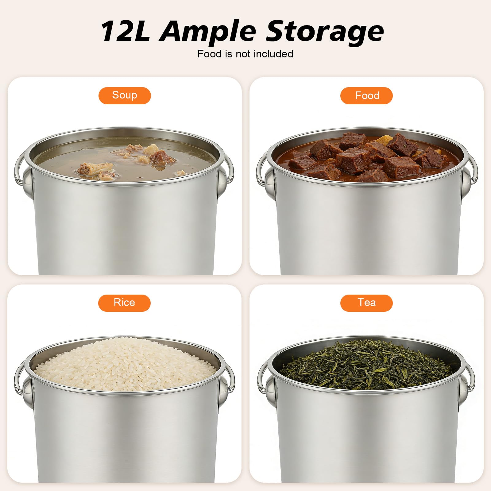 Secchio con coperchio, 12 l, in acciaio inox, per cucina e alimenti, secchio in metallo in acciaio inox, secchio per acqua con maniglia e coperchio