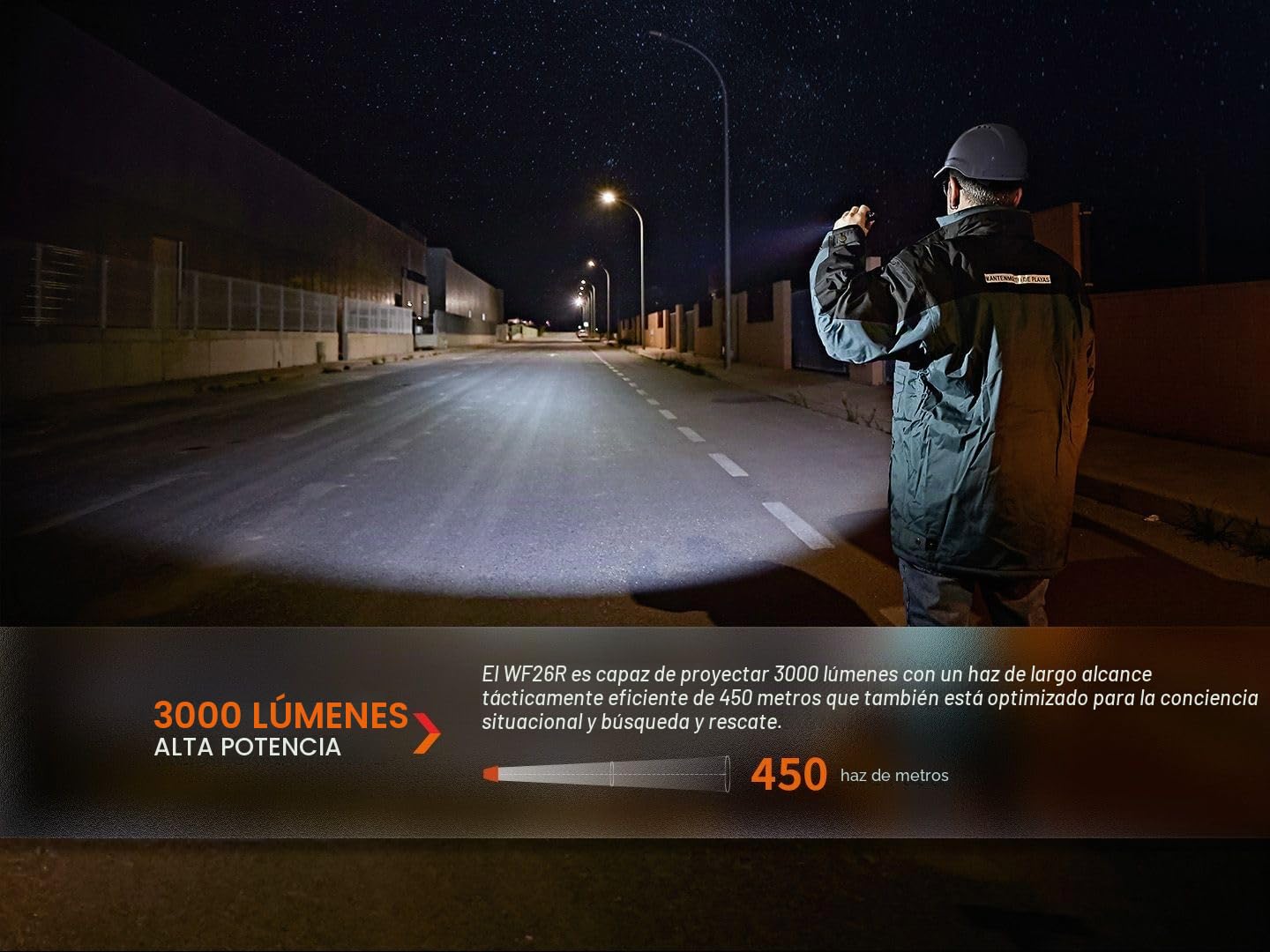 FENIX WF26R - Linterna de trabajo recargable con soporte de carga | 3000 lúmenes | 450 m | 44 horas máximo | 21700 funciona con batería | Carga magnética | IP68