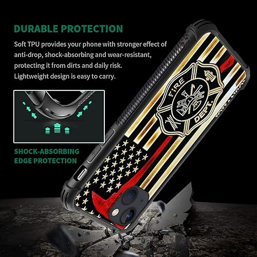 Miniatura 3 de Funda compatible con iPhone 14, funda de madera con bandera de hacha de bombero, parte trasera de vidrio templado + funda protectora de TPU