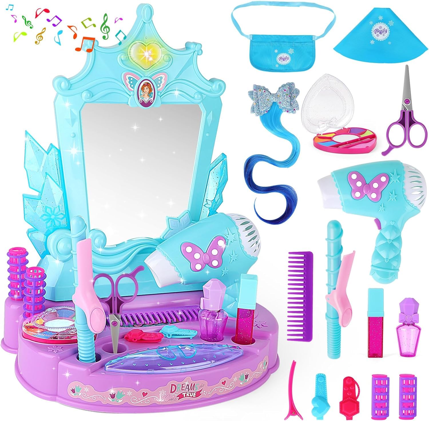 deAO Tocador de Maquillaje Niña, Salón de Belleza con 15+ Accesorios, Peine, Secador de Pelo, Rizador de Pelo, Tijeras, Espejo, Cabello, Juguetes De Peluqueria para NiñOs a Partir De 3 Años