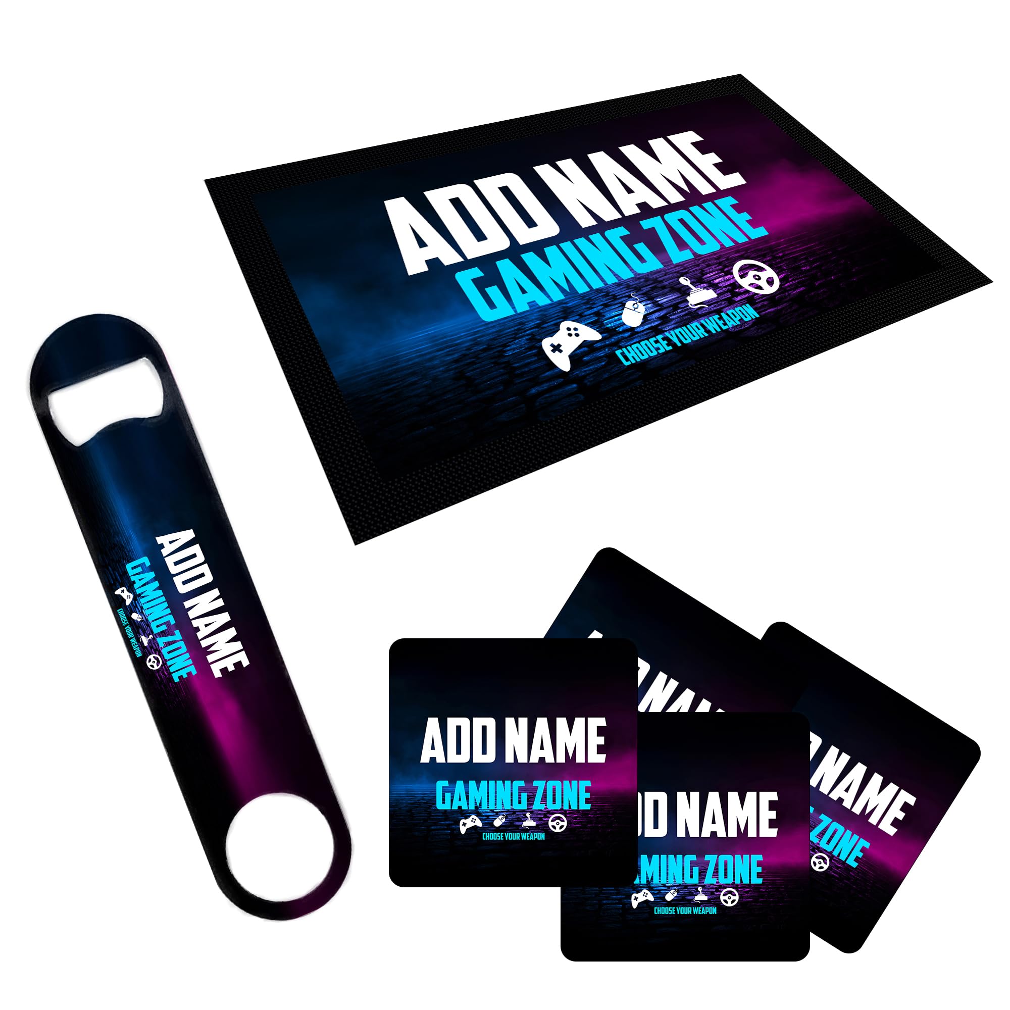 ShopQuality4U Personalise Gamer Bar Runner Mat, optional: Matching Bottle Opener & 4x Drinks Coasters, Gift Set | Beer Gifts Home Bar Accessories for Pub Bars Man Cave Him Her Gin Oclock