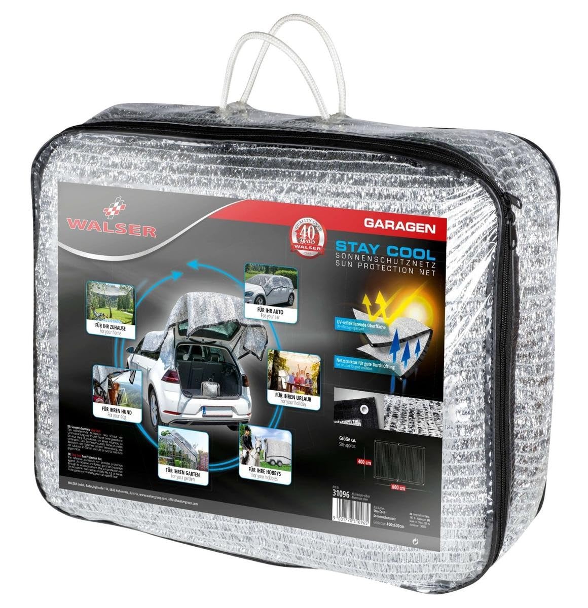 WALSER Rete ombreggiante auto 4x6 m, Alu parasole (fino a 20° C piu fresco) per cani con protezione UV & occhielli - Schermo termico camping, vela solare giardino riflettente, pieghevole + Borsa