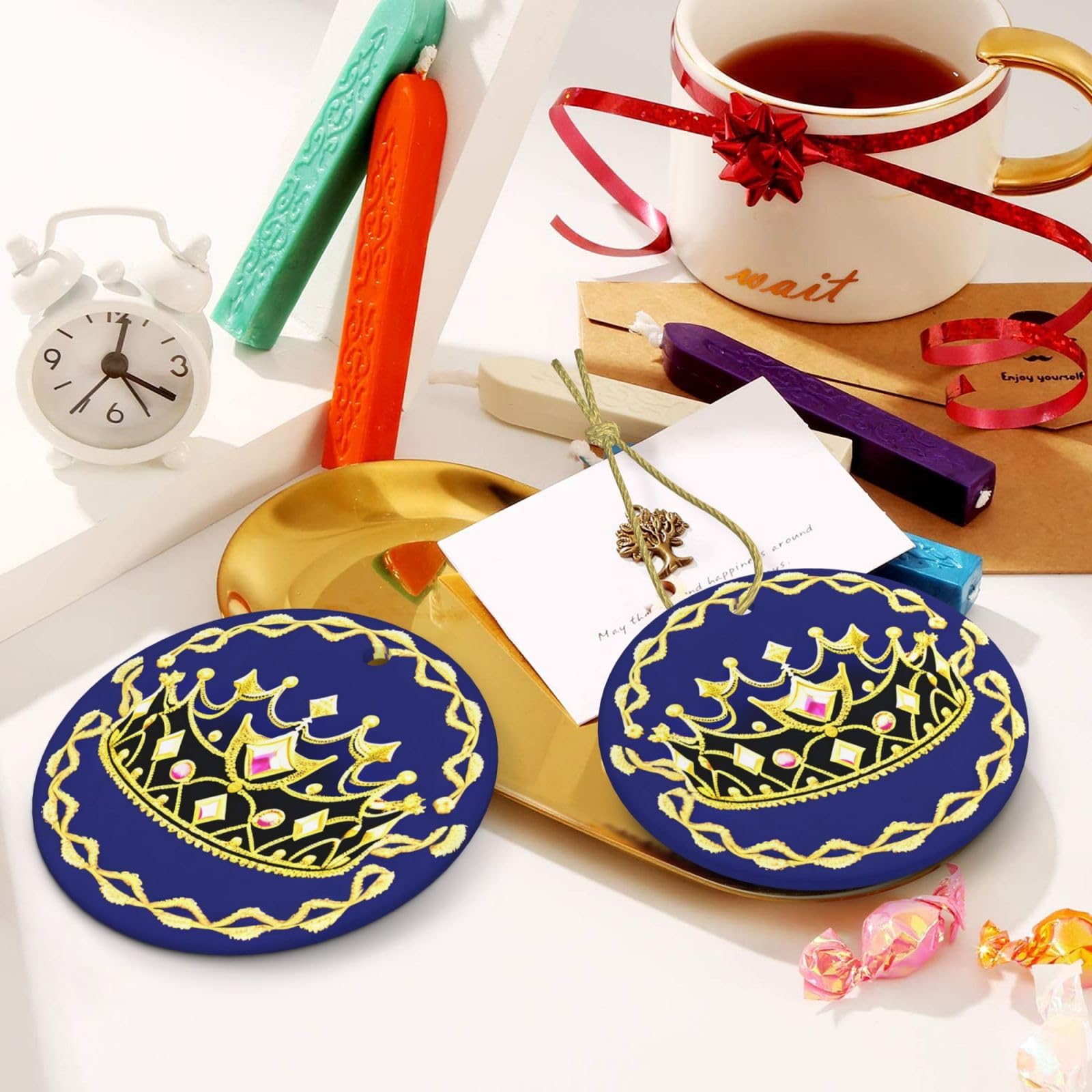 Pendentif Rond De Noël En Céramique – Motifs Drapeaux Divers – Décoration Festive Avec Câble Doré – Cadeau De Noël Élégant