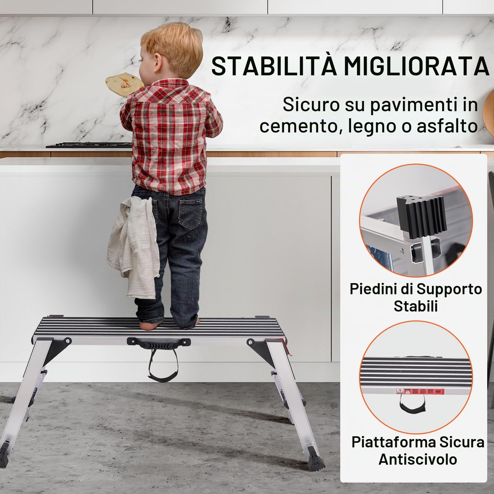 VEVOR Piattaforma da Lavoro in Alluminio Pieghevole Portatile, Carico Max. 200kg, Uso Interno Esterno, Sgabello Basso 48,7x128x30 cm, Cavalletto