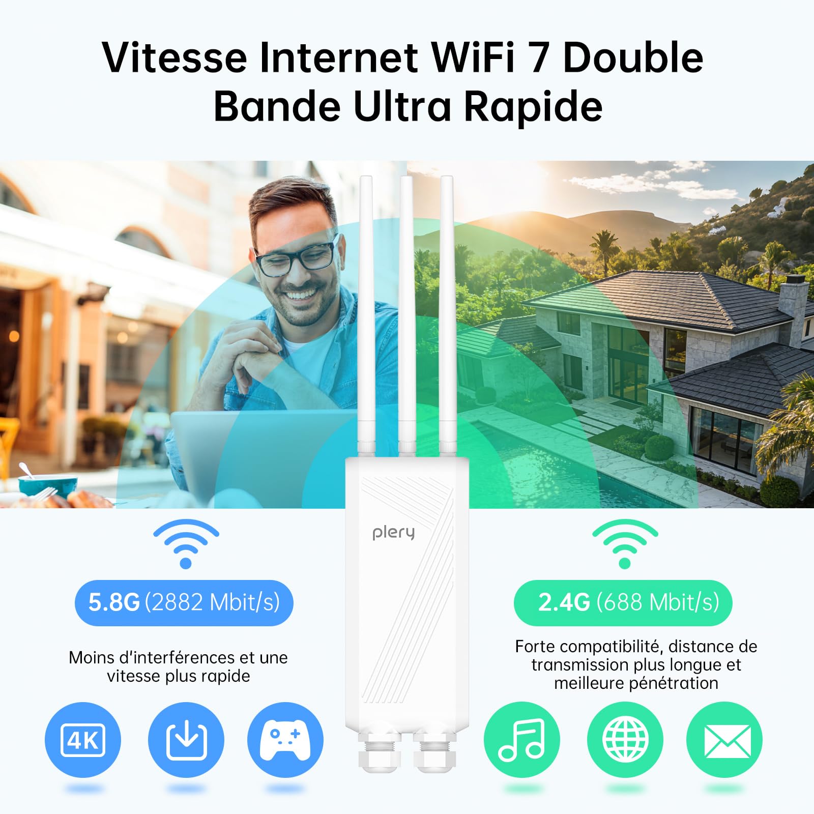BE3600 Repeteur WiFi 7 Exterieur Point d'accès Extérieur avec POE | Double Bande 5GHz/2.4GHz Gigabit Port Répéteur WiFi Puissant Amplificateur Extérieur 3 * 5dBi Antenne WiFi Longue Portée WPA3