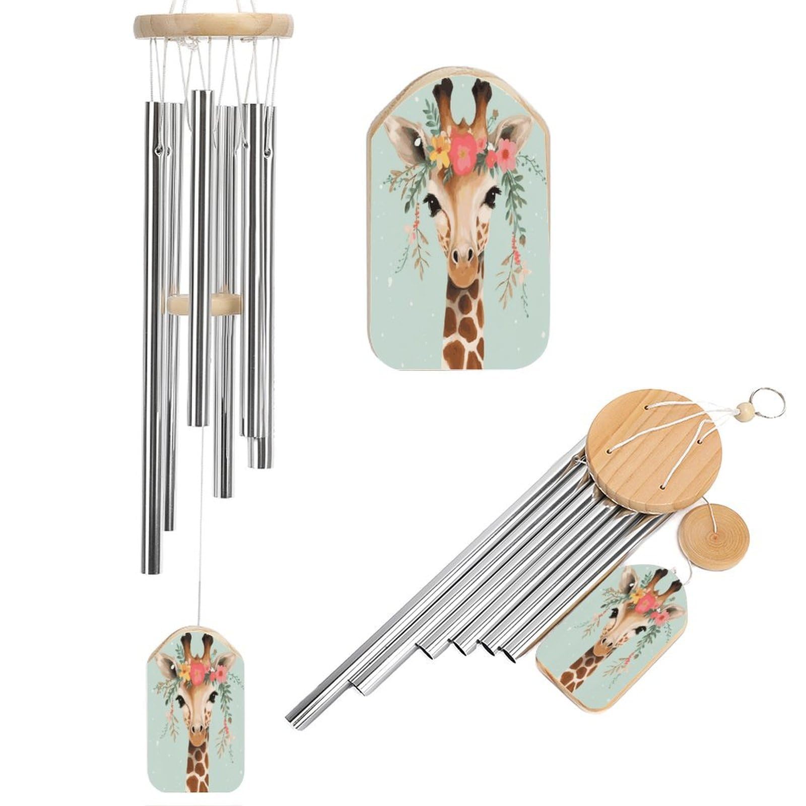 Fekiloot Style Giraffe With Floral Tone Wind Chimes For Outside,Wind Bell With 6 Aluminum Alloy Tubes,Sympathy Wind Chime For Yard/Garden/Patio Decor