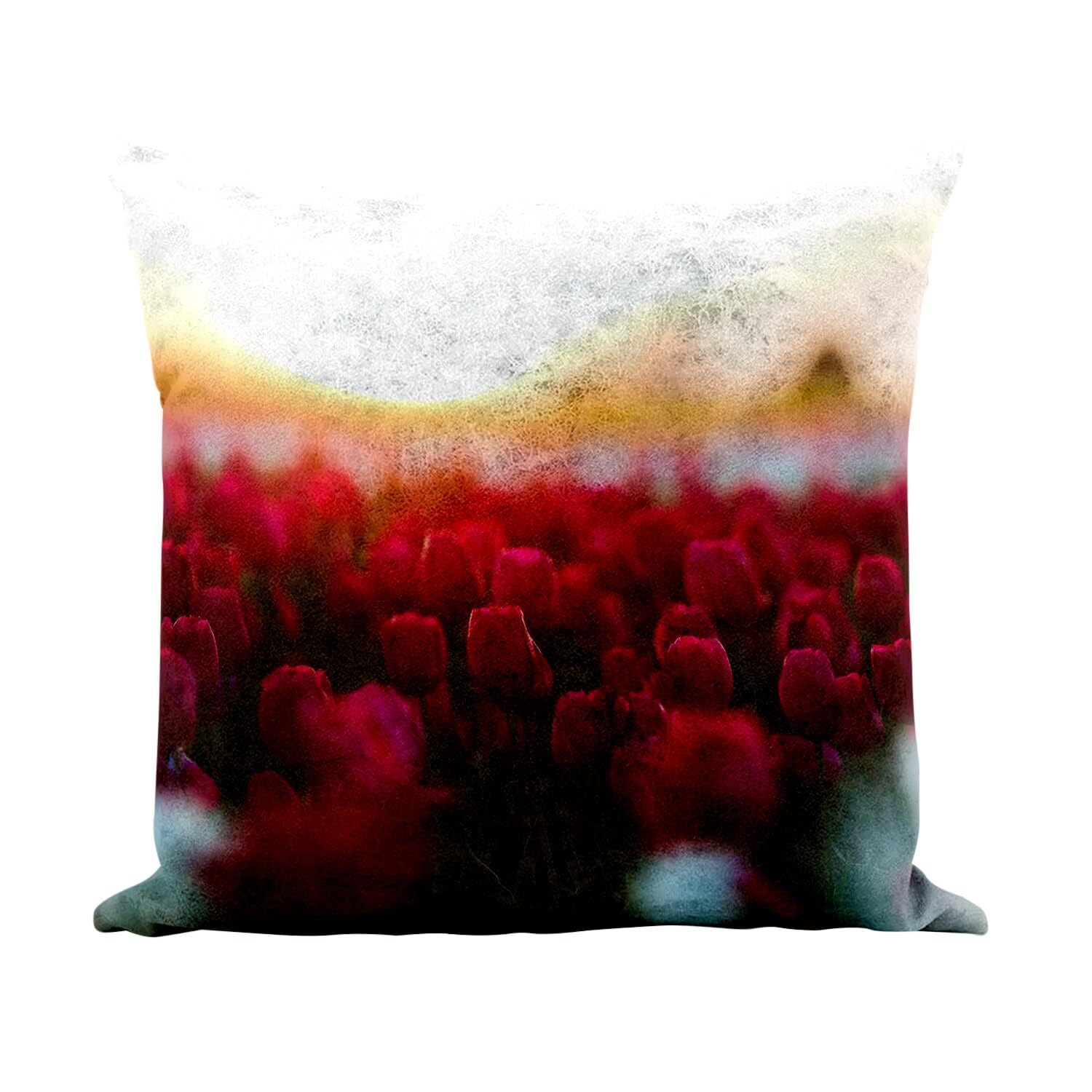 Coussin similicuir blanc champ de tulipe rouge soleil levant évocation hollandaise